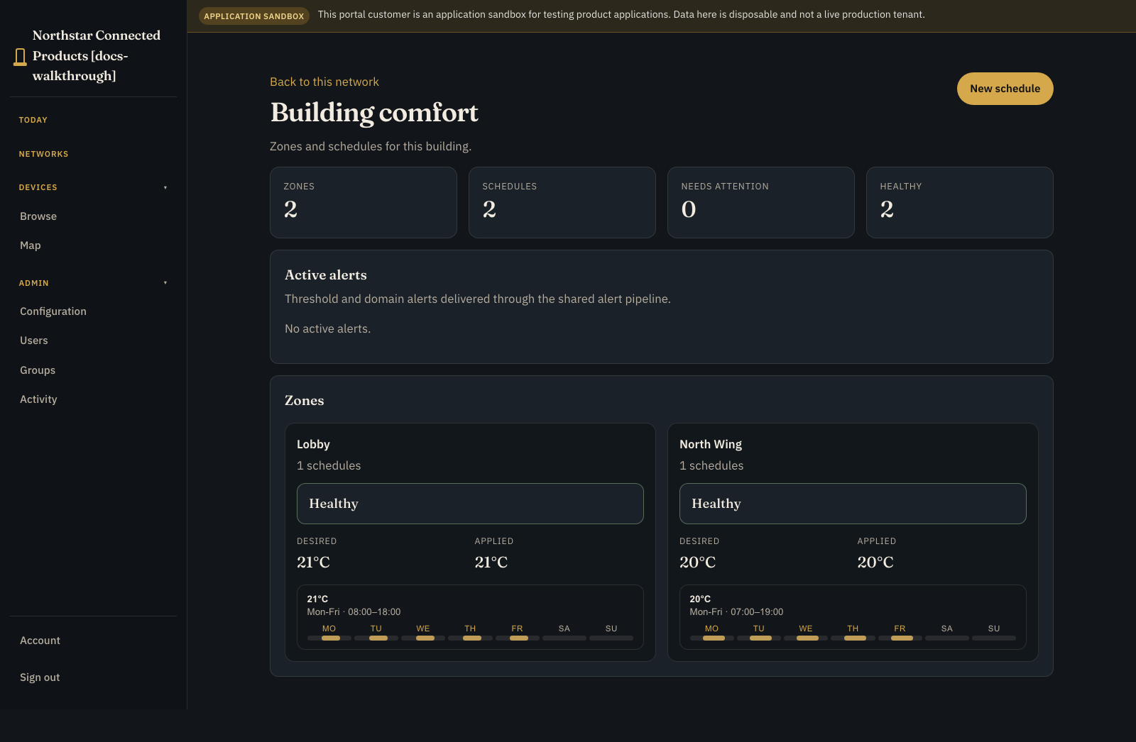 Building comfort workplace showing healthy zones and applied schedules