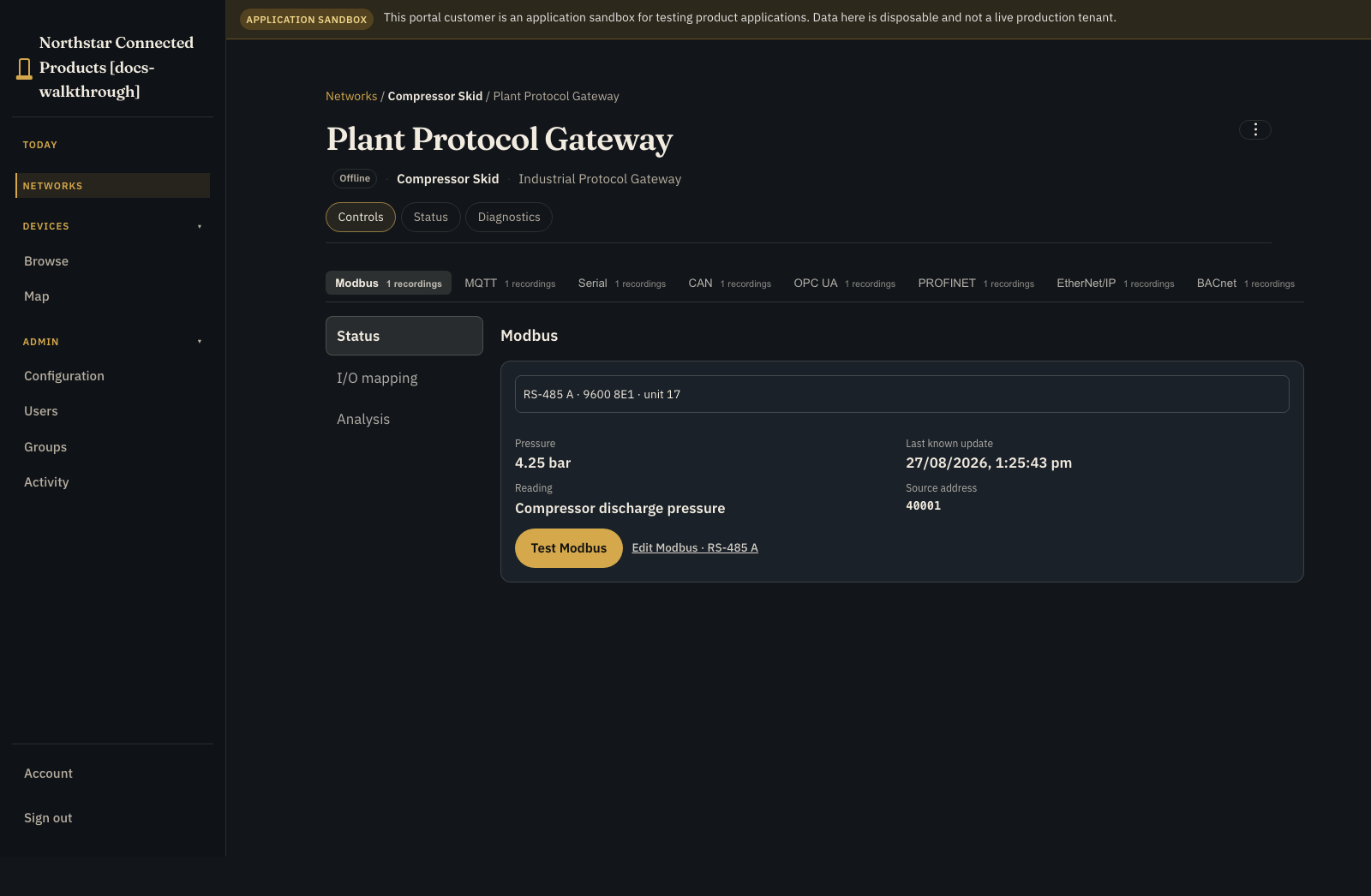 Industrial gateway Controls tab showing Modbus status and connection test