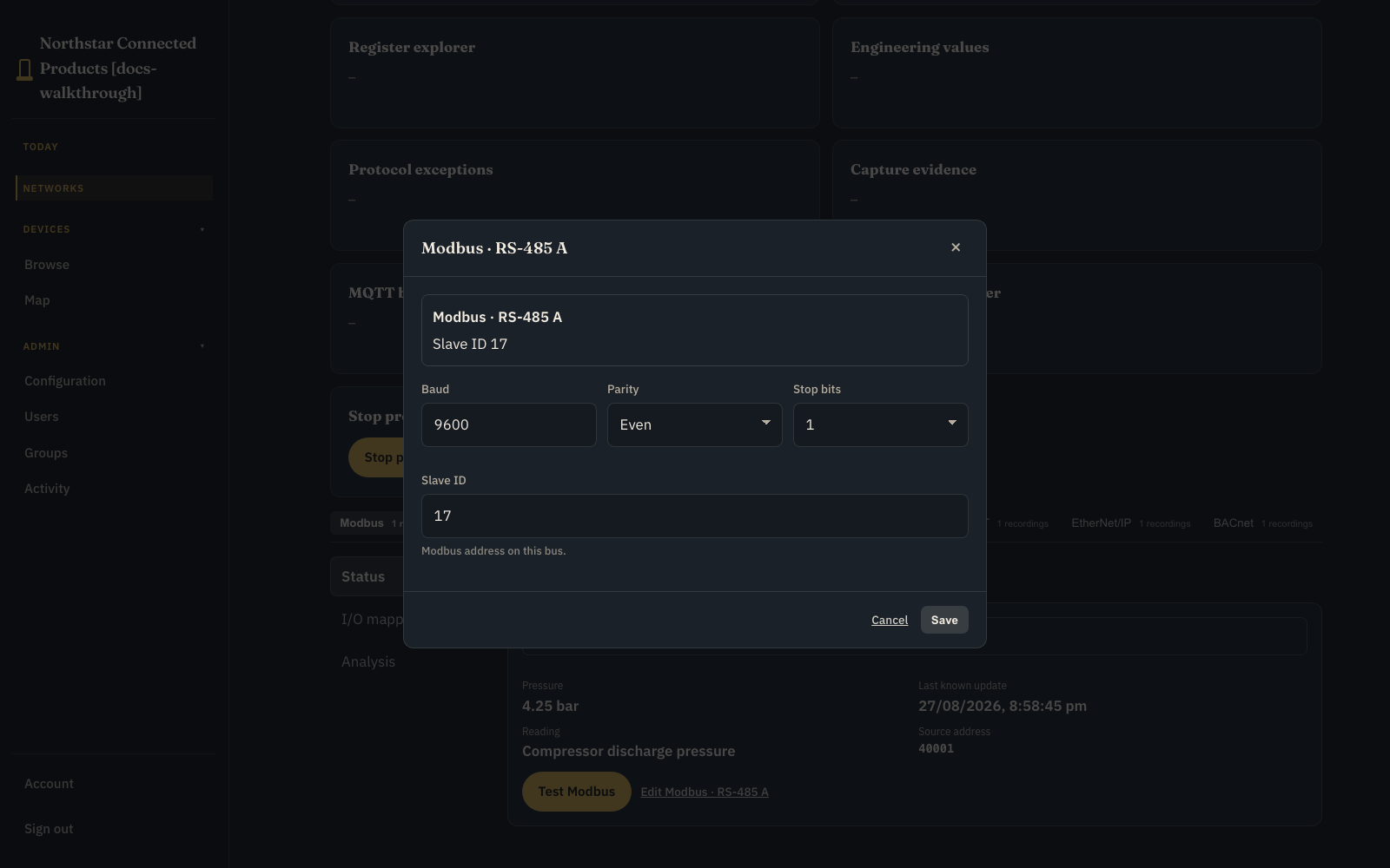 Industrial gateway Modbus settings modal with protocol-specific operator fields