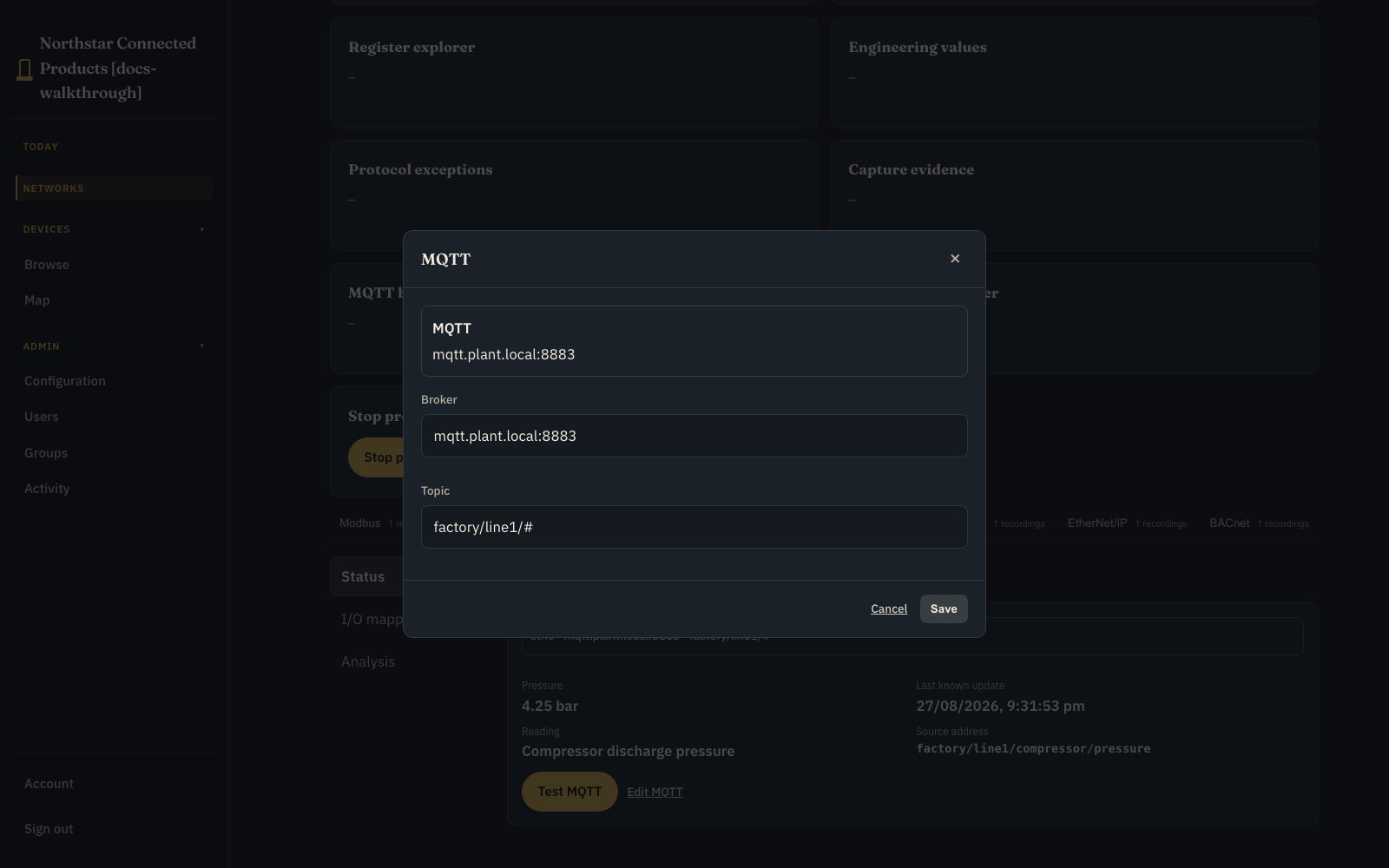 Industrial gateway MQTT settings modal with broker and topic-filter fields