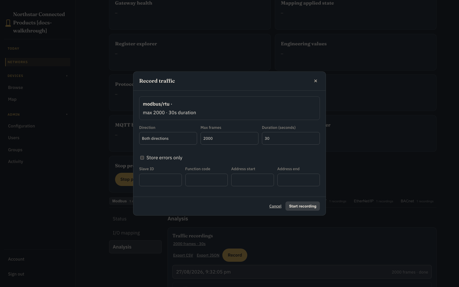 Record traffic modal with bounded duration, frame count, direction, and Modbus filters