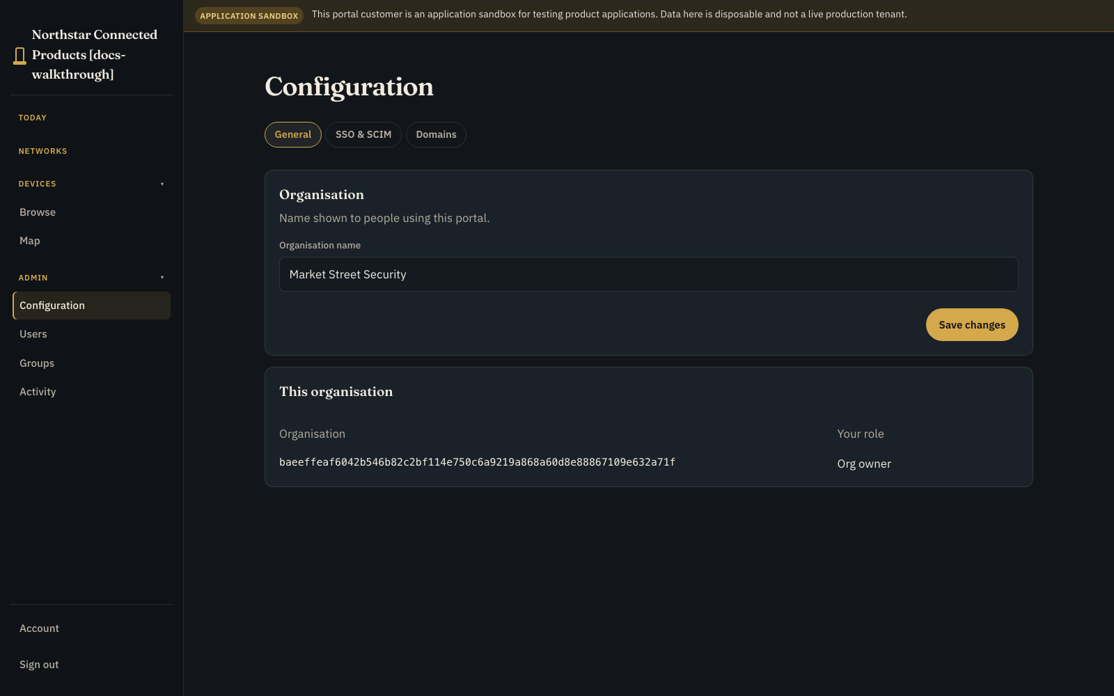 Customer portal Organisation Configuration page showing This organisation