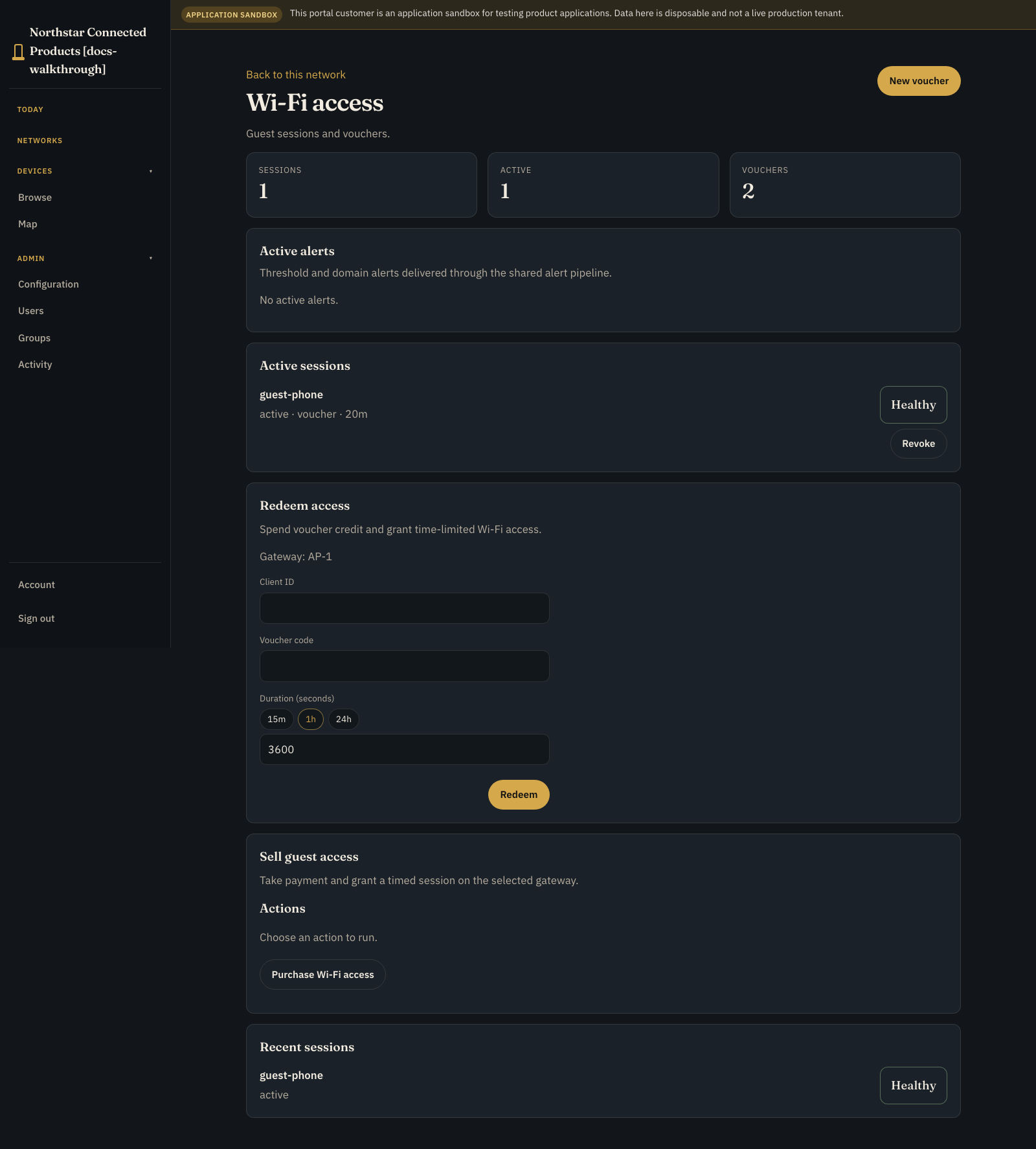 Paid Wi-Fi workplace showing vouchers and access sessions
