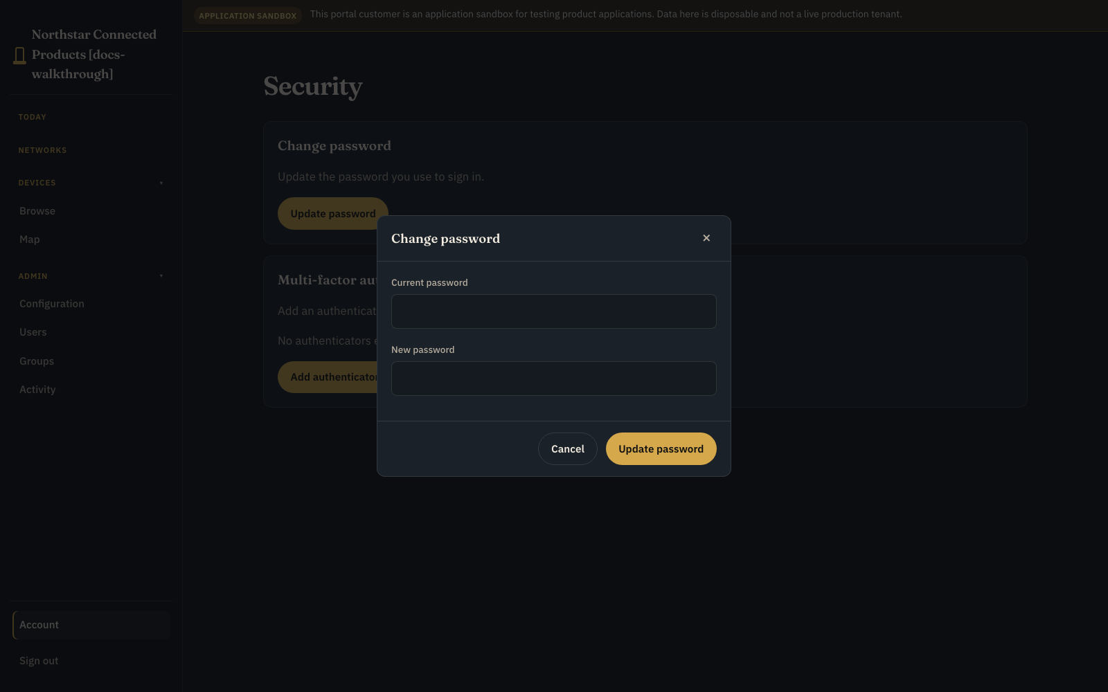 Change password modal with current and new password fields