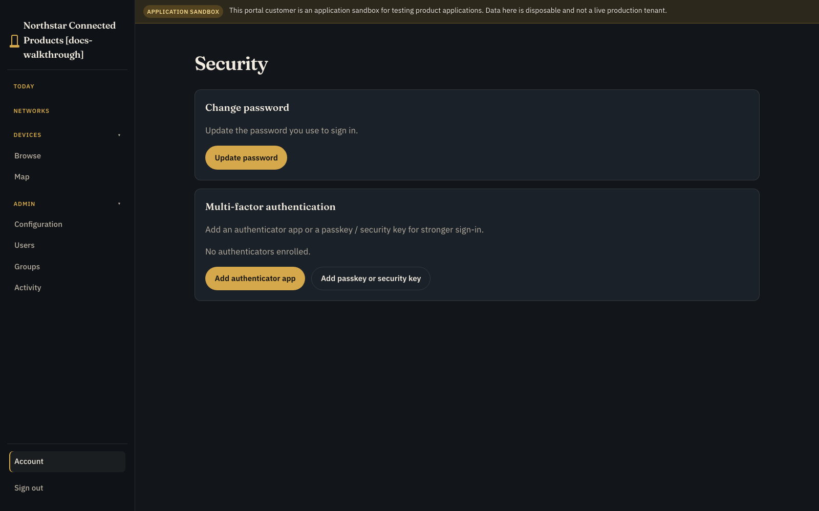 Customer portal Security page