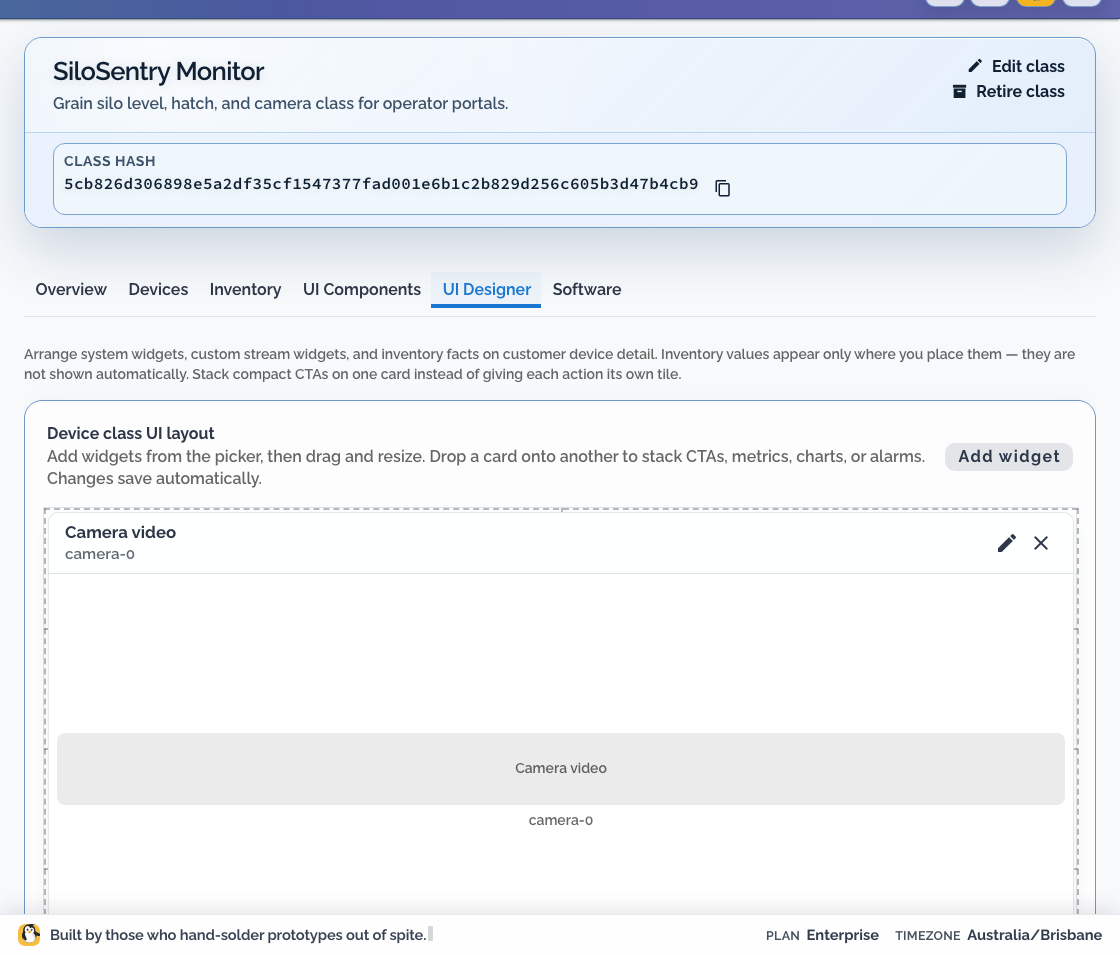 UI Designer for the SiloSentry Monitor device class with a camera video widget placed on the customer device layout