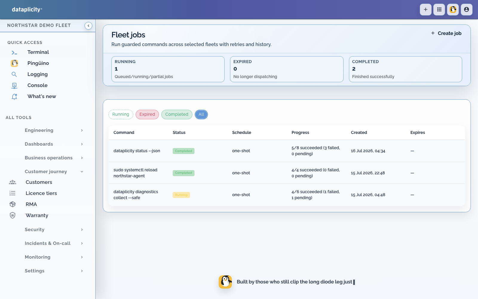 Current Fleet jobs page showing guarded commands, status, progress, and completion history