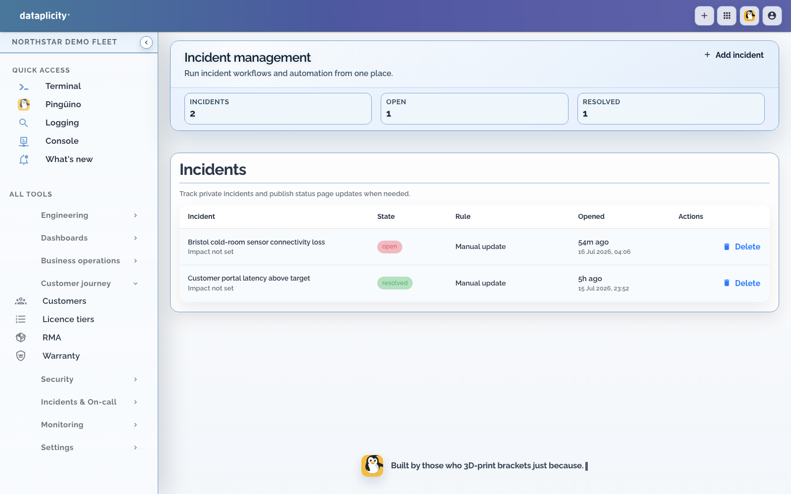Current Incident management page with open and resolved incidents