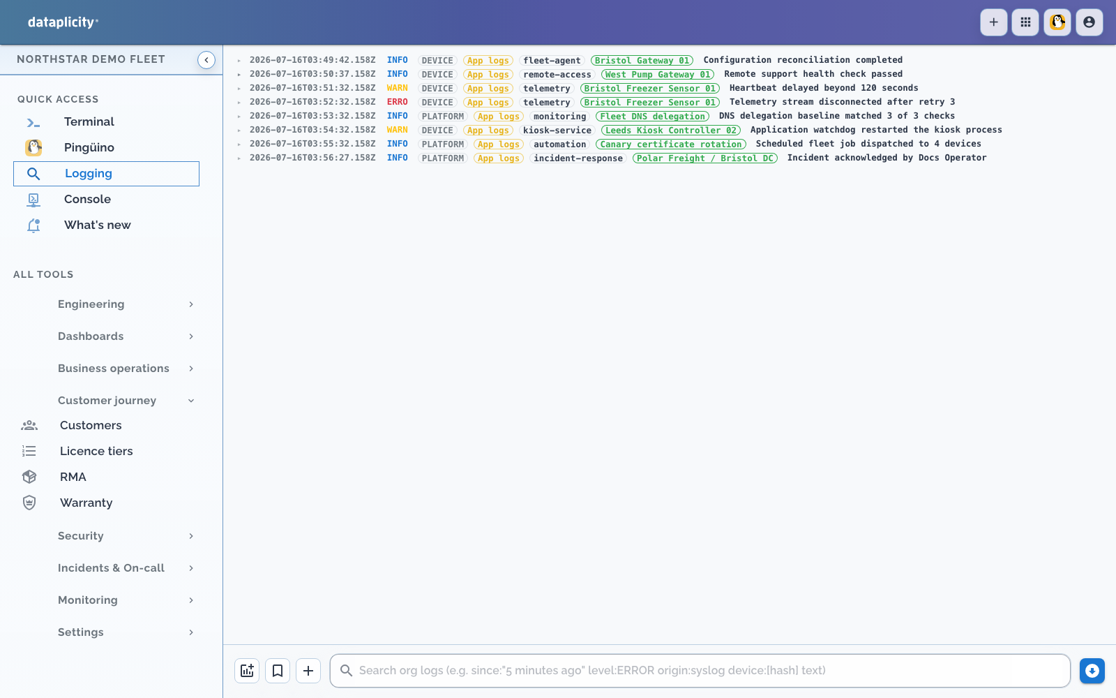 Current Dataplicity Logging console with device and platform events from a commercial demo fleet