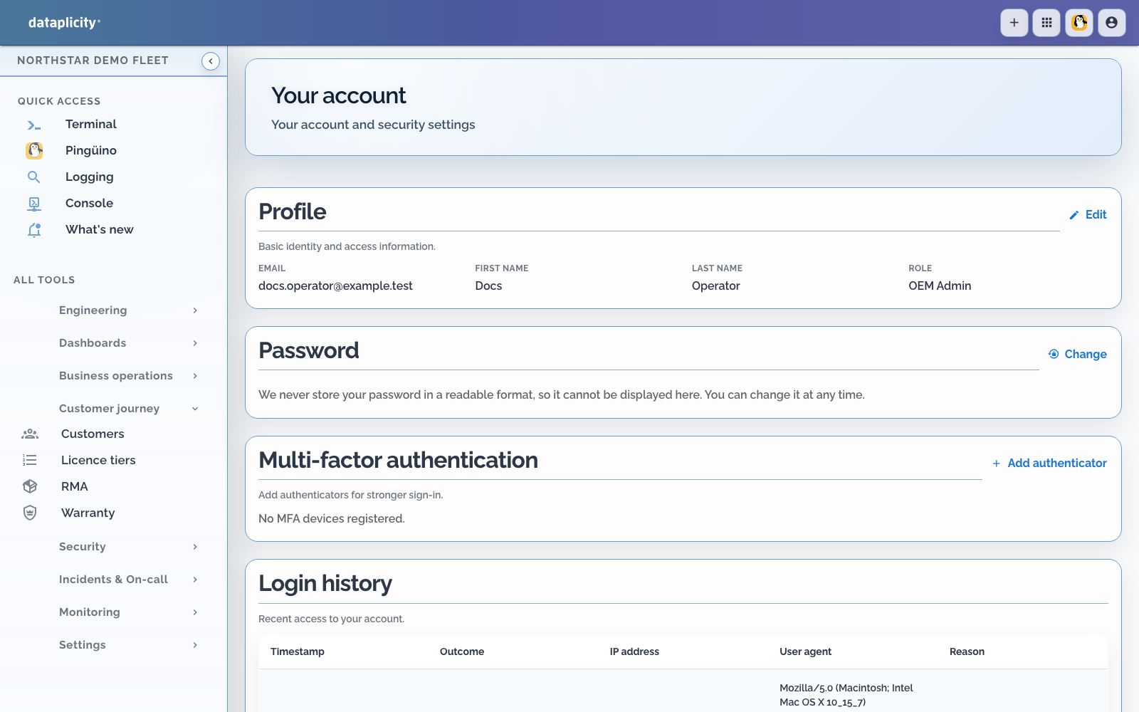 Current Dataplicity account page with profile, password, multi-factor authentication, and login history sections