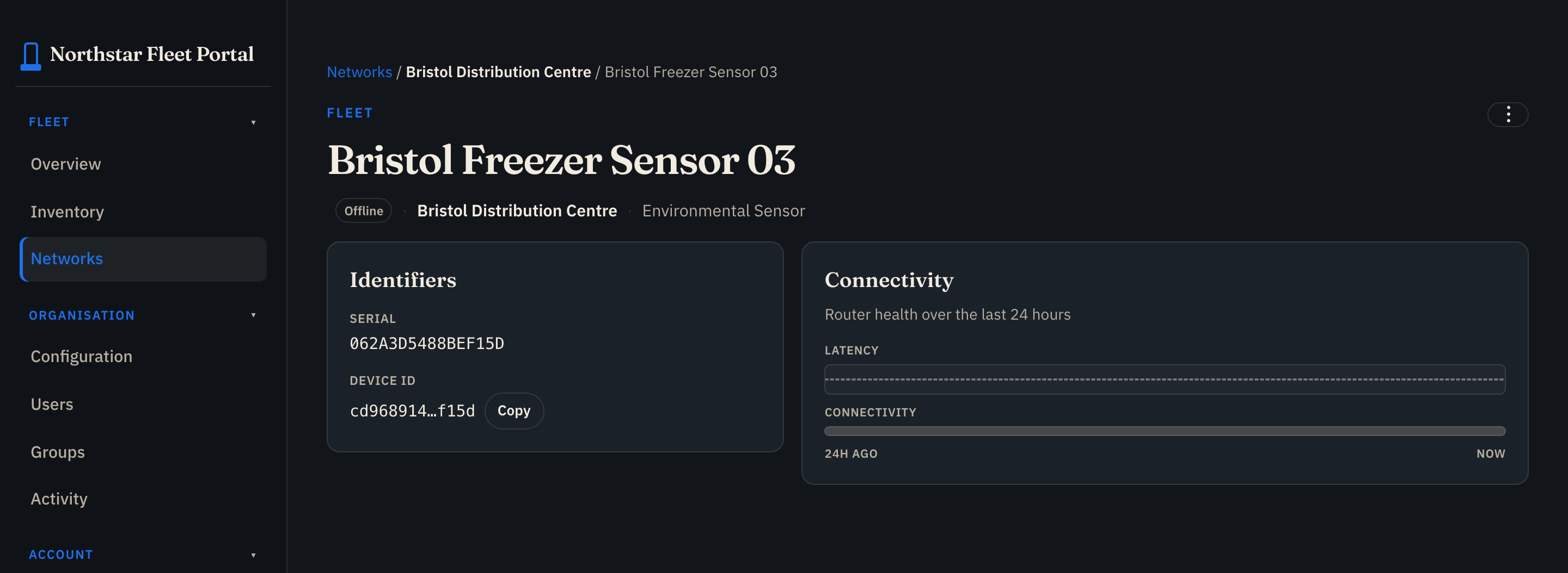 Customer Portal device page showing product identity and 24-hour connectivity context inside the customer boundary