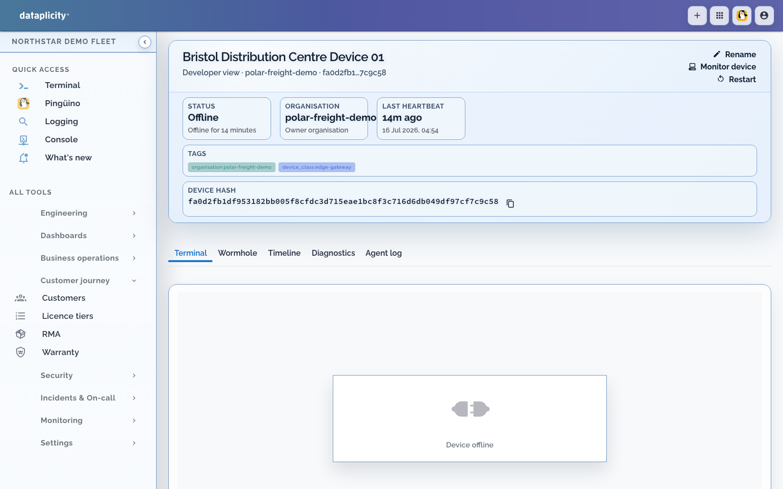 Current Dataplicity device support workspace with Terminal, Wormhole, Timeline, Diagnostics, and Agent Log tabs