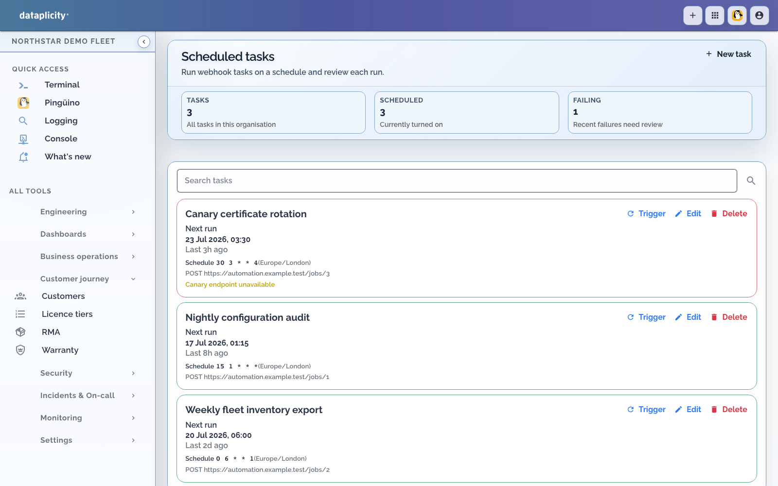 Current Scheduled tasks page with certificate rotation, configuration audit, and inventory export webhooks