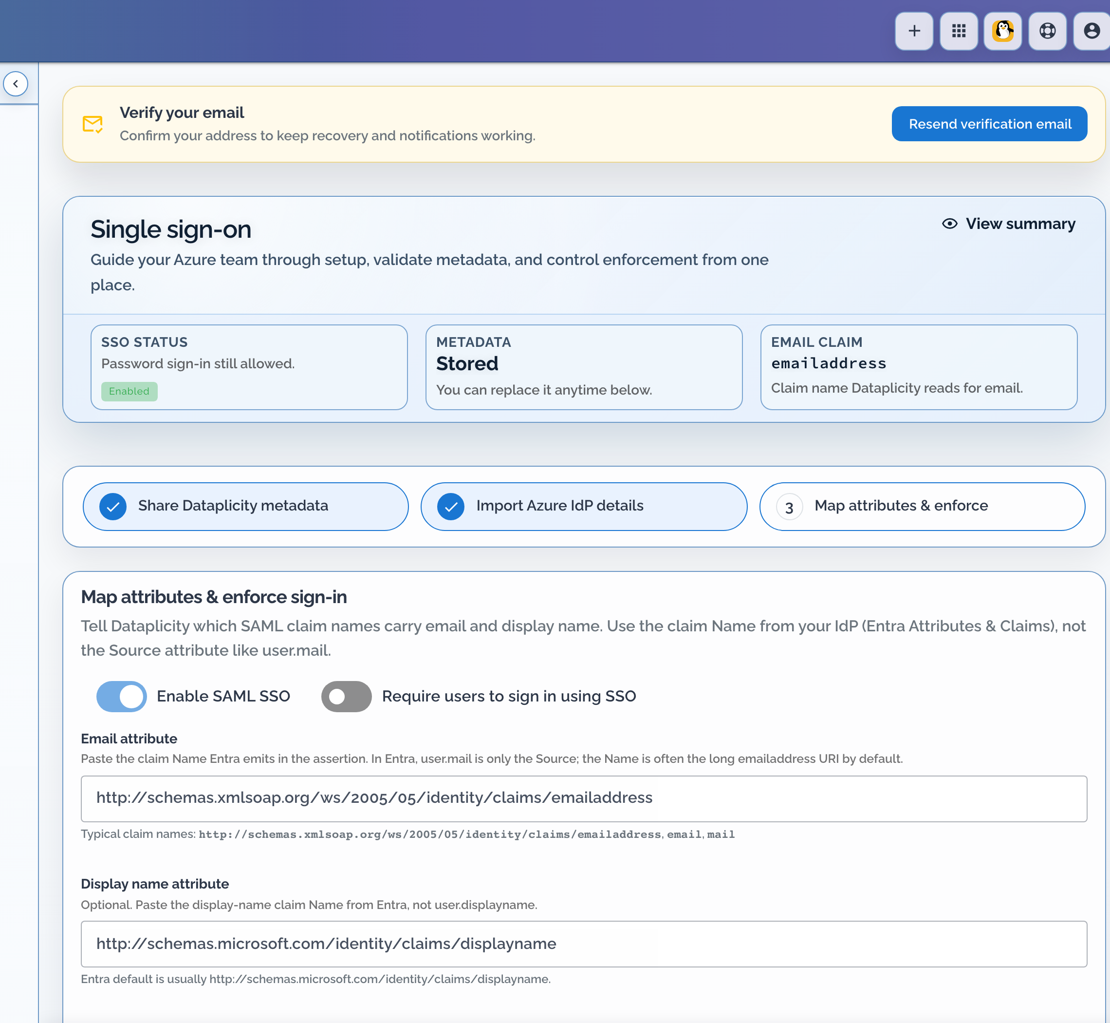 Dataplicity Single sign-on page with hero status chips and the map-attributes step showing Enable SAML SSO on, Require SSO off, and the Entra email claim URI