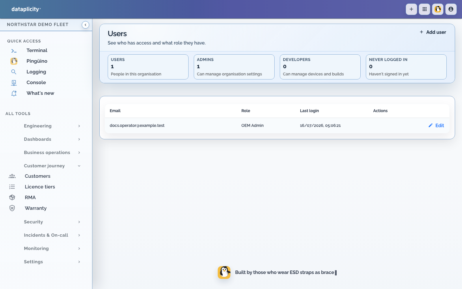Dataplicity Users page with user totals, roles, and an Add user action