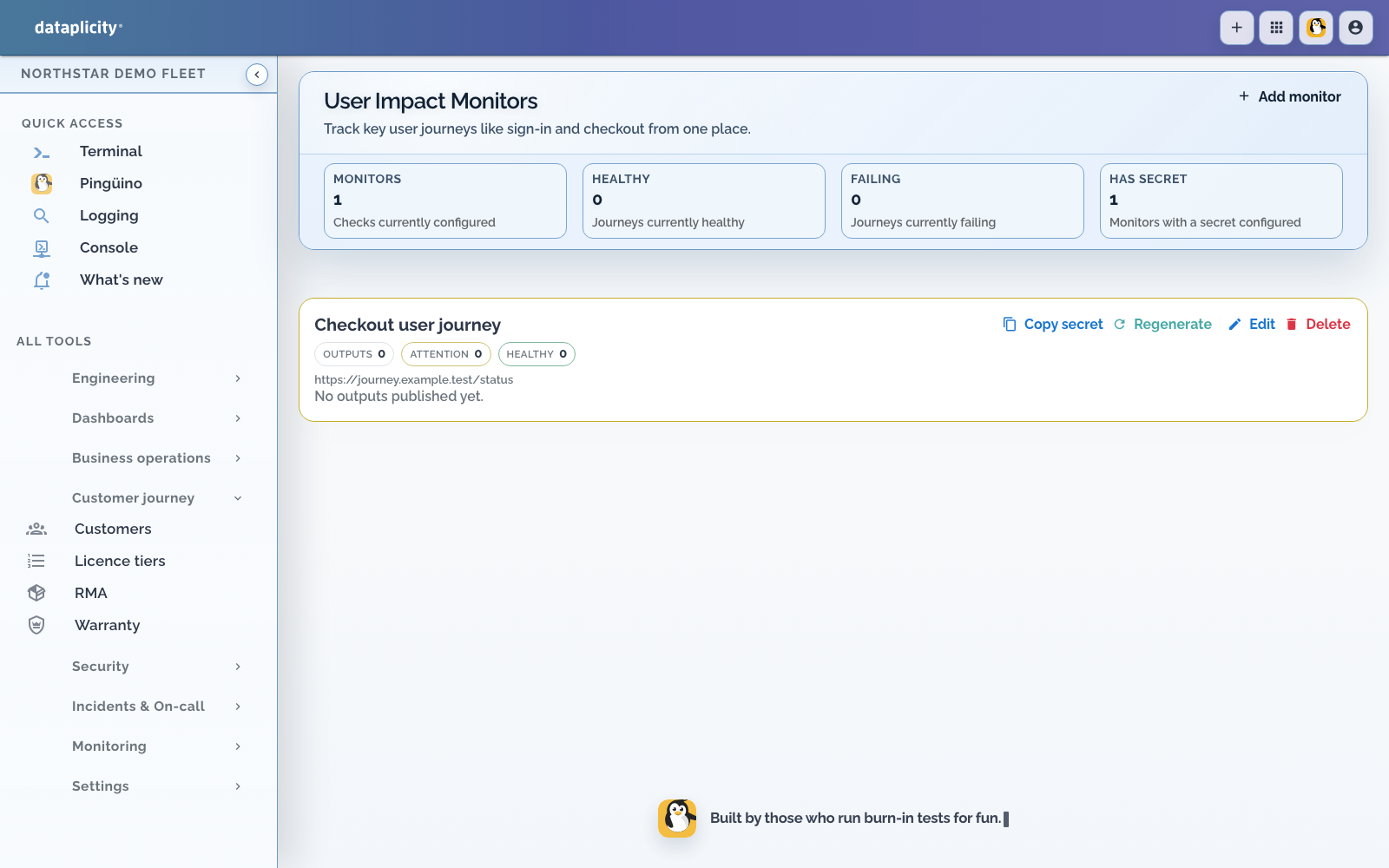 Current User Impact Monitors page with a checkout journey monitor