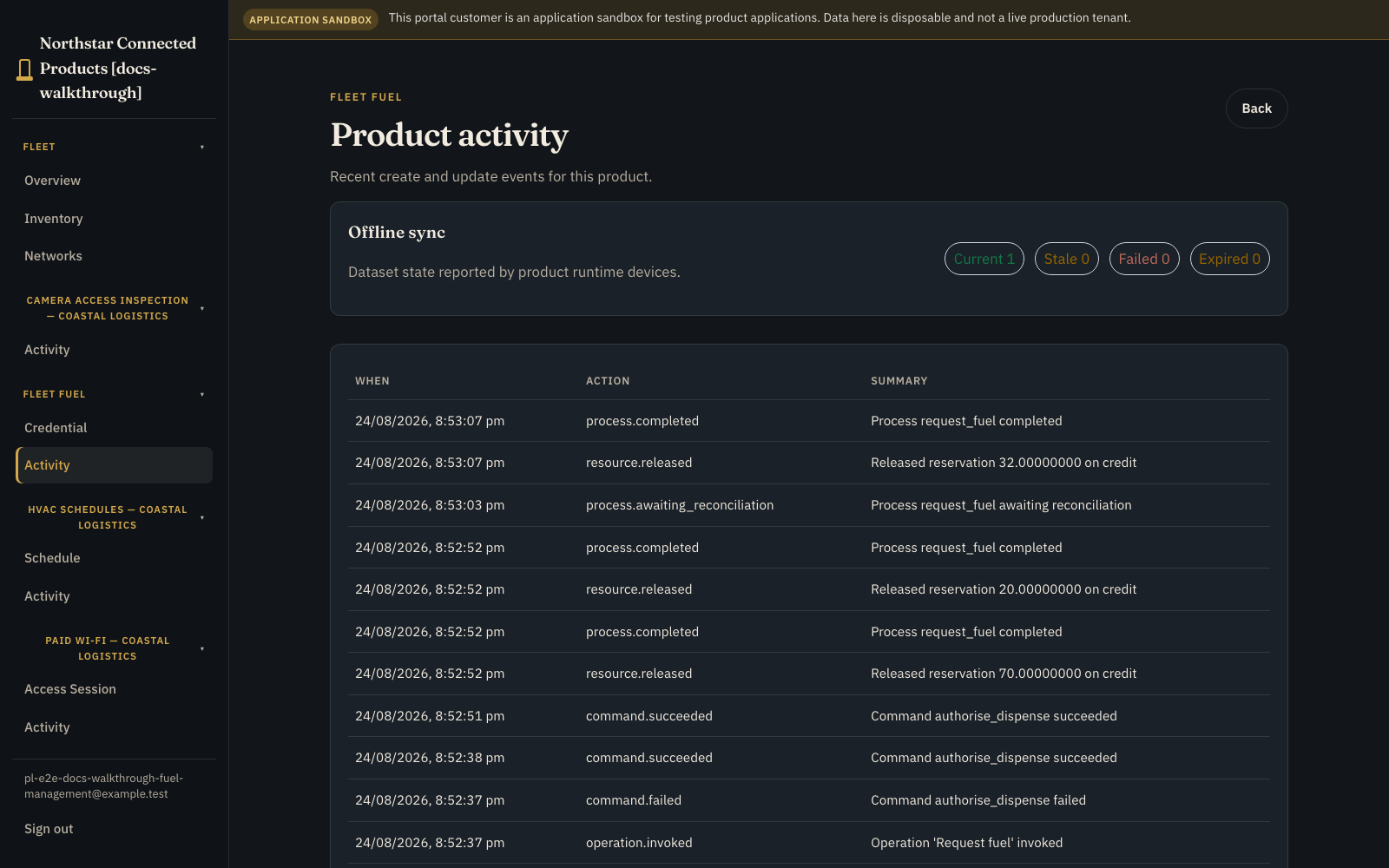 Silo outload Product activity showing offline sync, command success and failure, completed processes, released reservations, and awaiting reconciliation