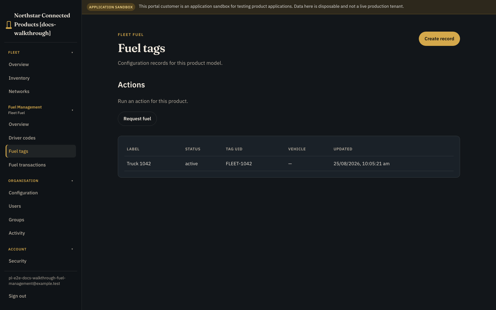 Customer Portal table showing an active outload tag FLEET-1042