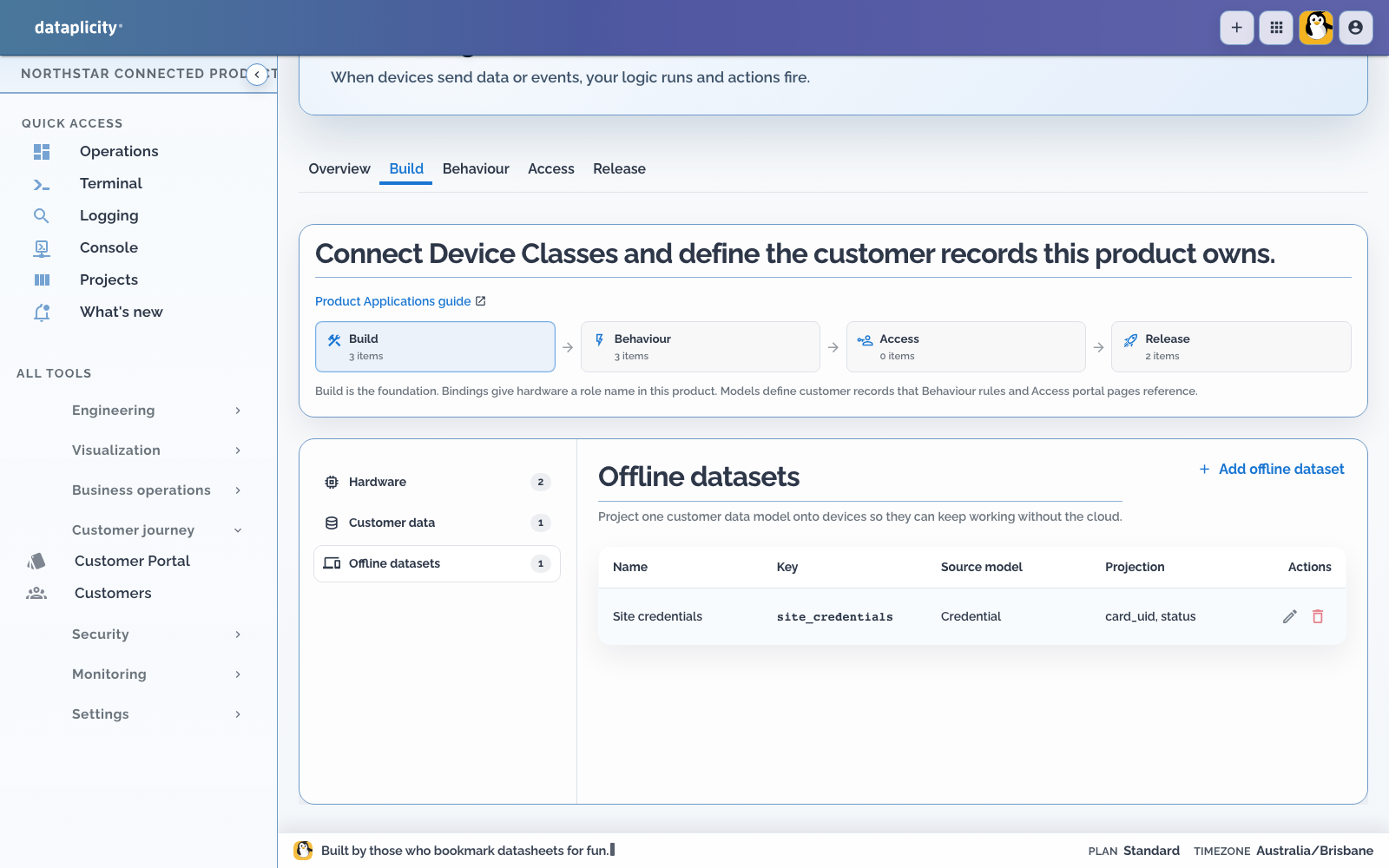 Fuel Management Build tab showing the site_credentials offline dataset projected from Credential card_uid and status fields