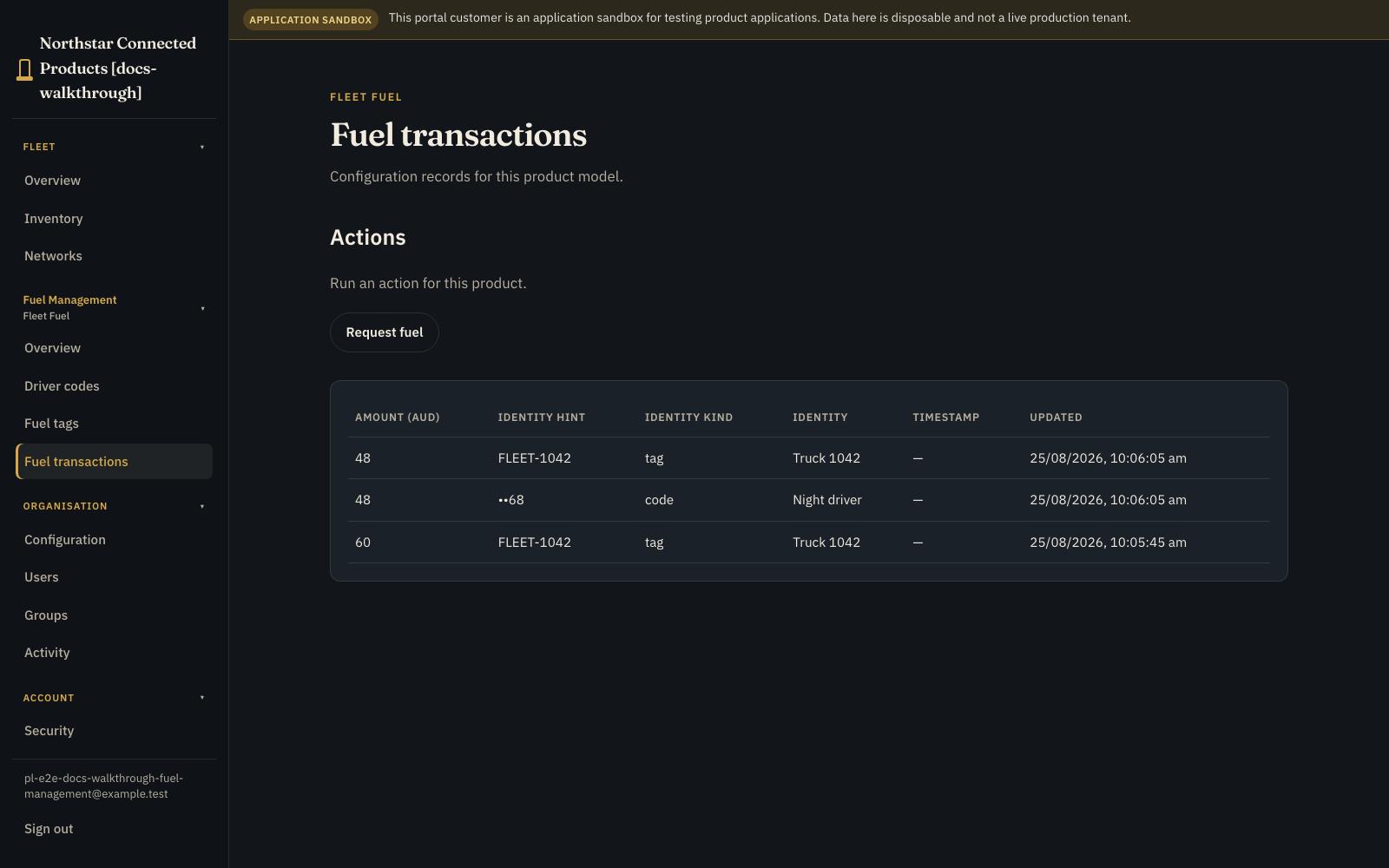Load ticket table showing tag and driver-code requests with identity hints and measured tonnes