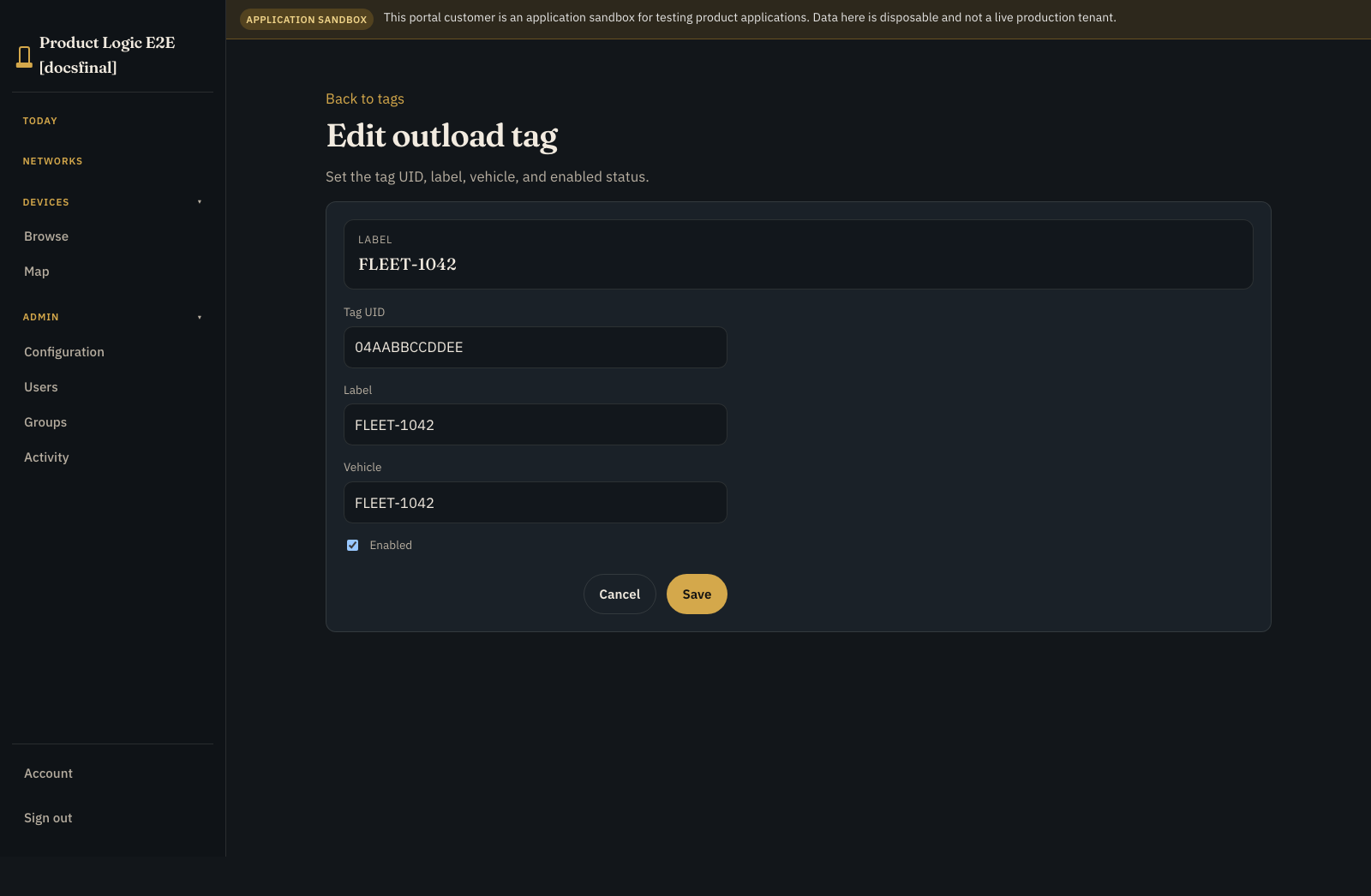 Outload tag detail showing FLEET-1042 and active status