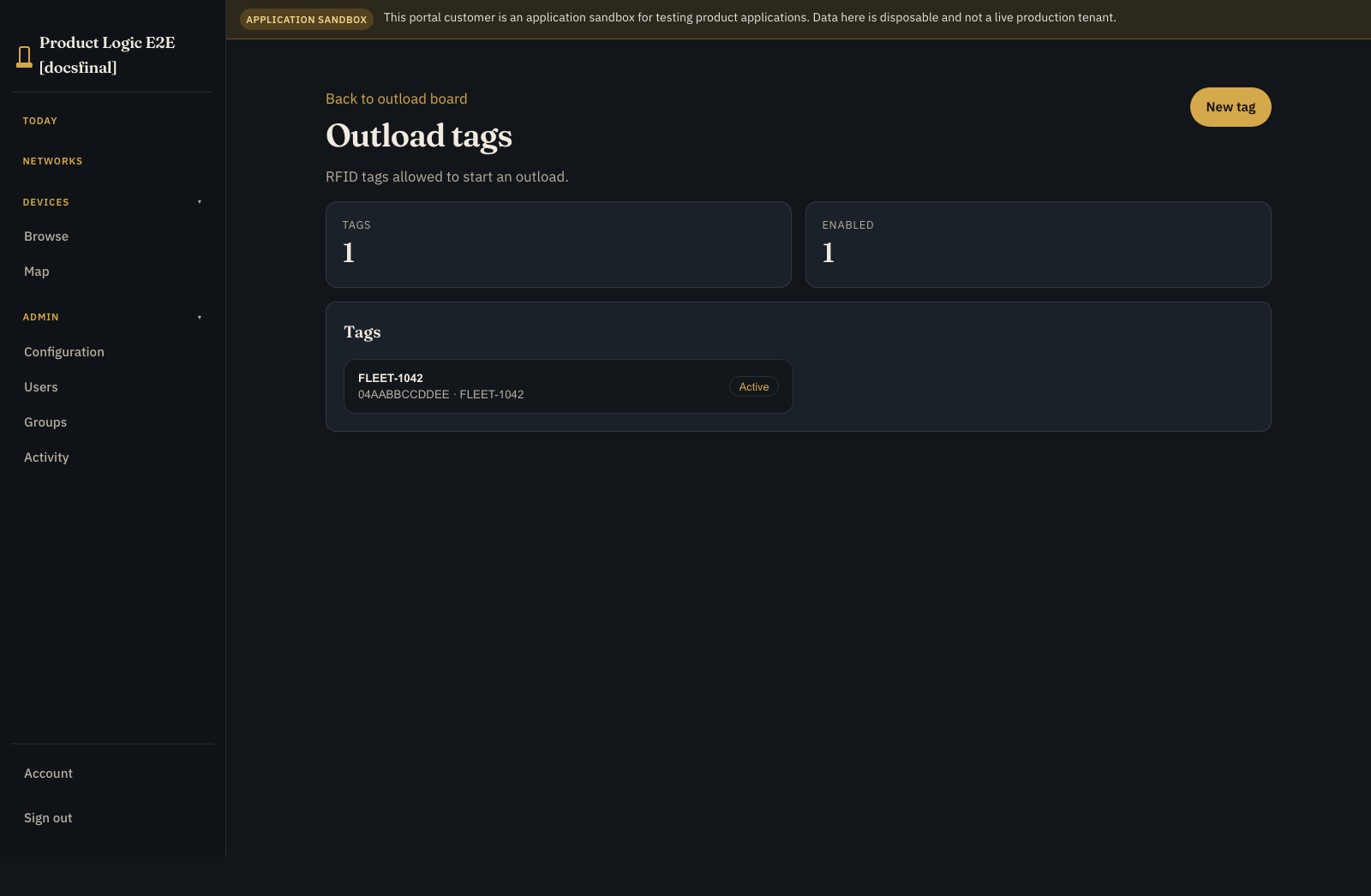 Customer Portal table showing an active outload tag FLEET-1042
