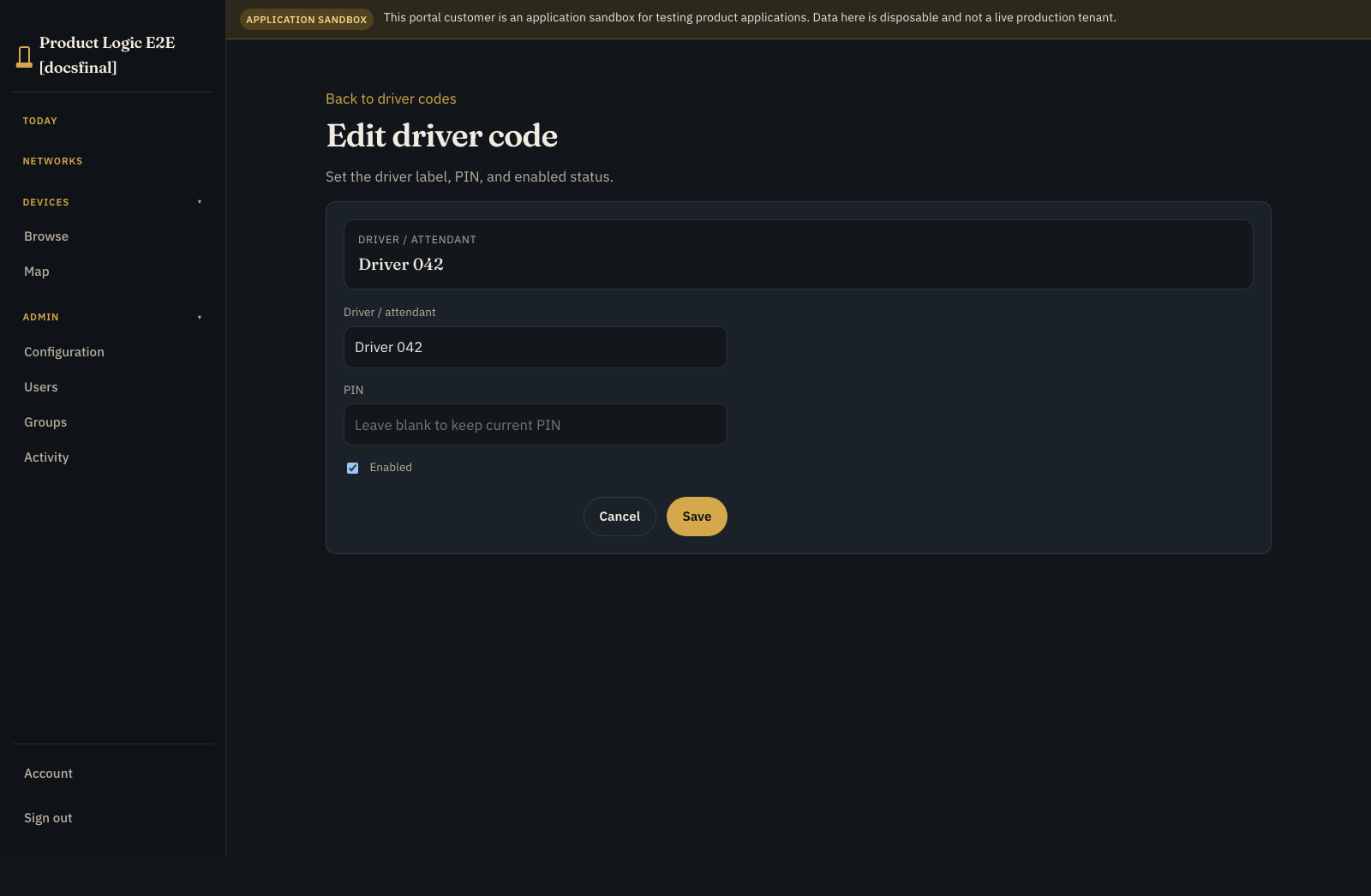 Driver code detail showing a PIN is set without displaying its plaintext value