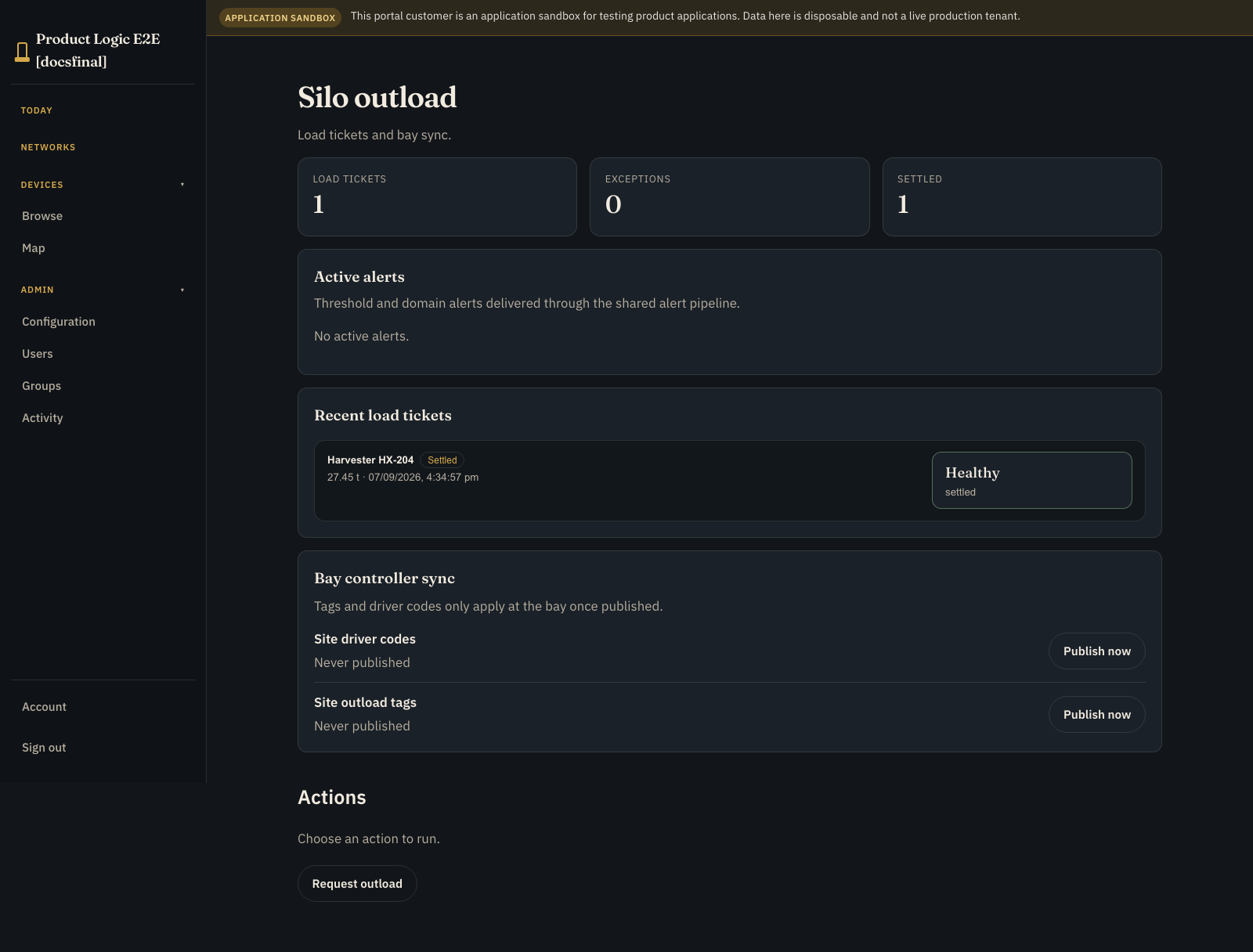Load ticket table showing tag and driver-code requests with identity hints and measured tonnes