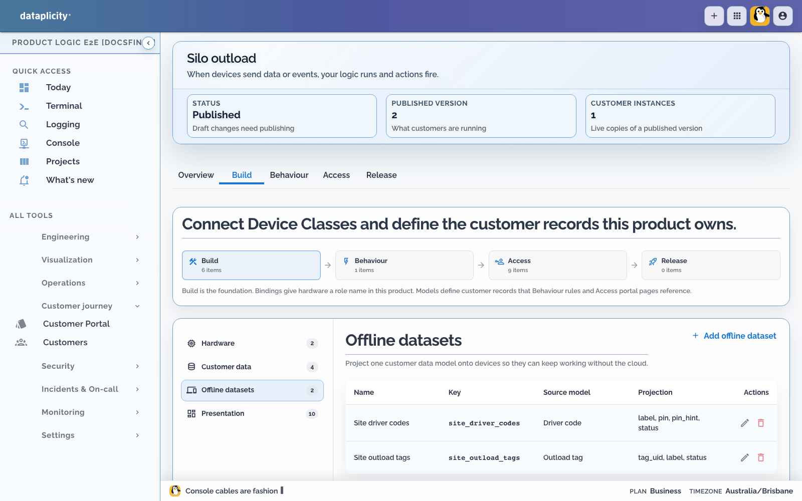 Silo outload Build tab showing offline credential datasets