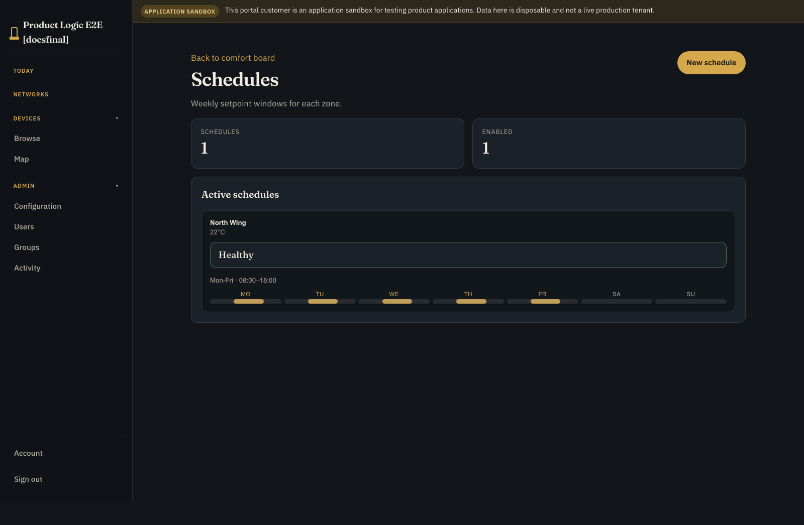 Building A Customer Portal Schedule table showing North Wing with setpoint 22