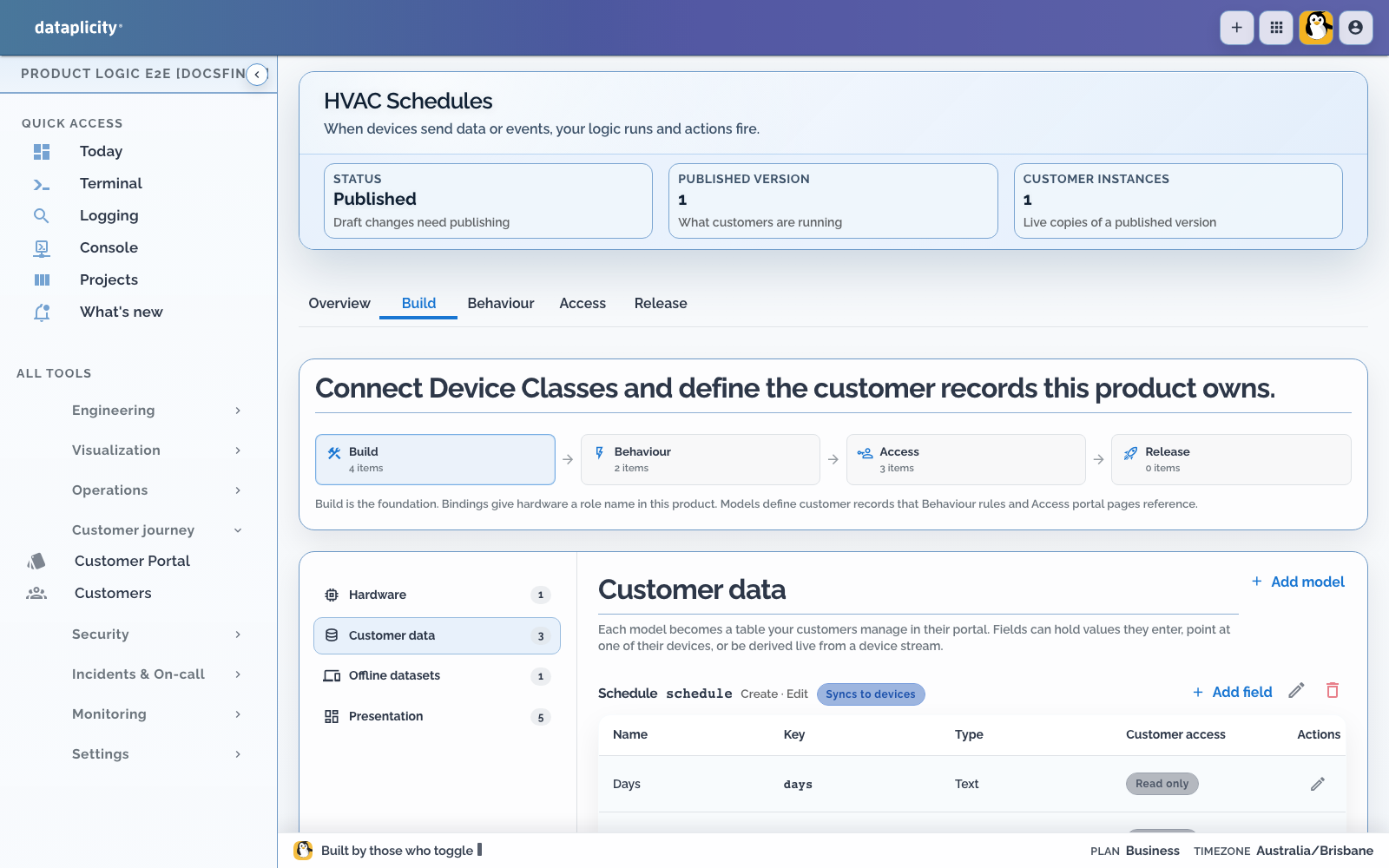 HVAC Schedules Customer data section showing the Schedule model with Zone and Setpoint fields