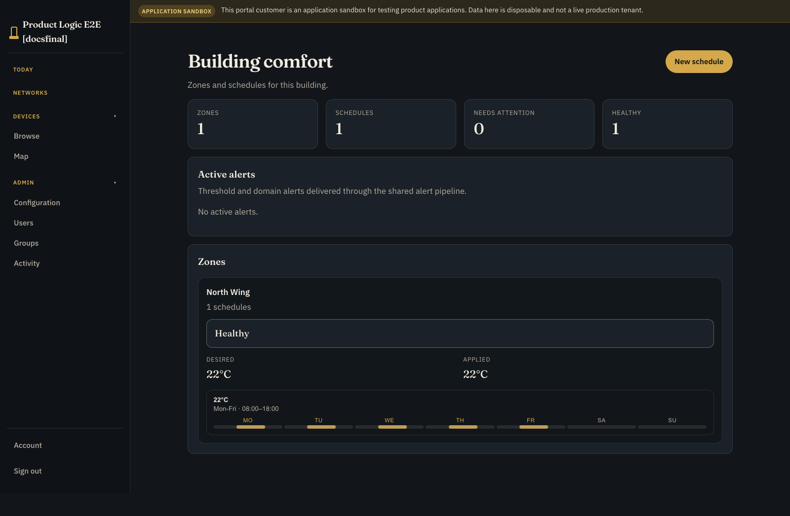 Building A Customer Portal applied setpoints table showing North Wing at 22 degrees Celsius from an activated dataset generation