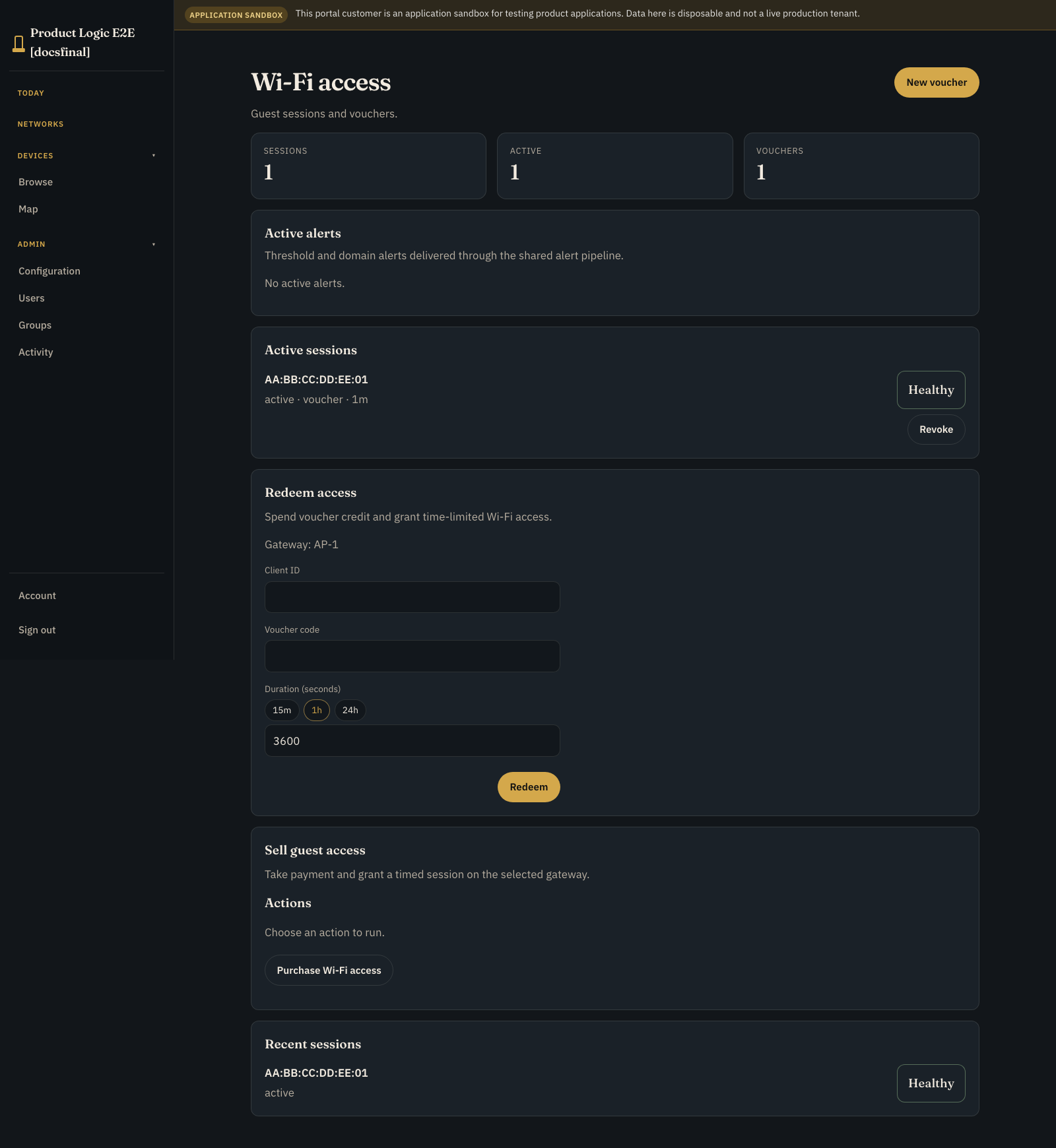 Paid Wi-Fi customer portal connection history showing a voucher-backed guest session and expiry