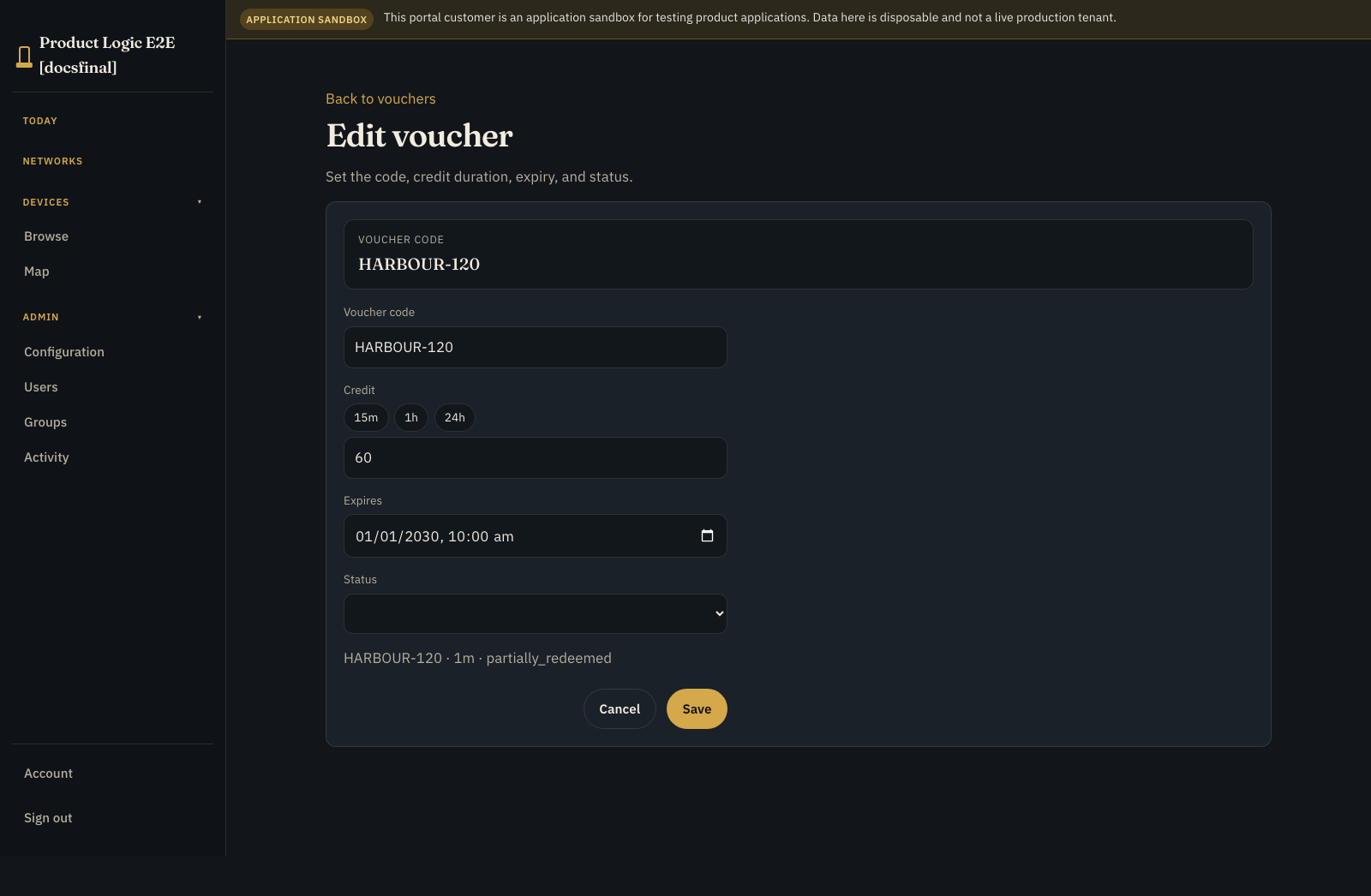 Paid Wi-Fi voucher detail showing HARBOUR-120 with 60 seconds remaining, a redemption client, and partially redeemed status