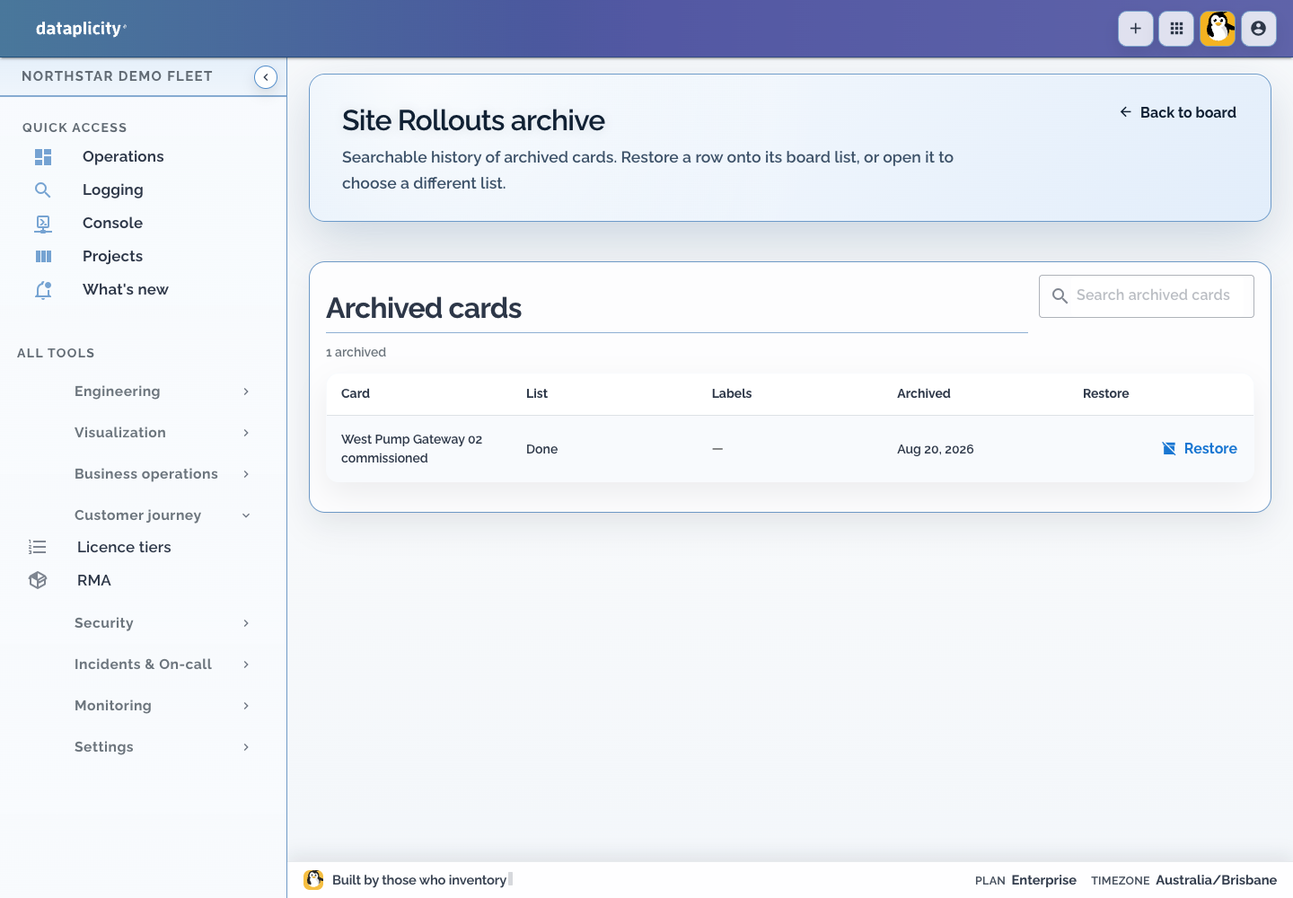 Project Board archive listing a completed card with a Restore action