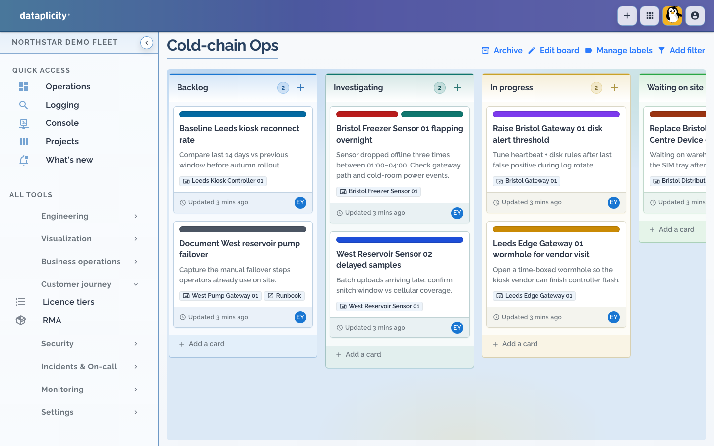 Cold-chain operations Kanban board with device-linked cards in five workflow columns