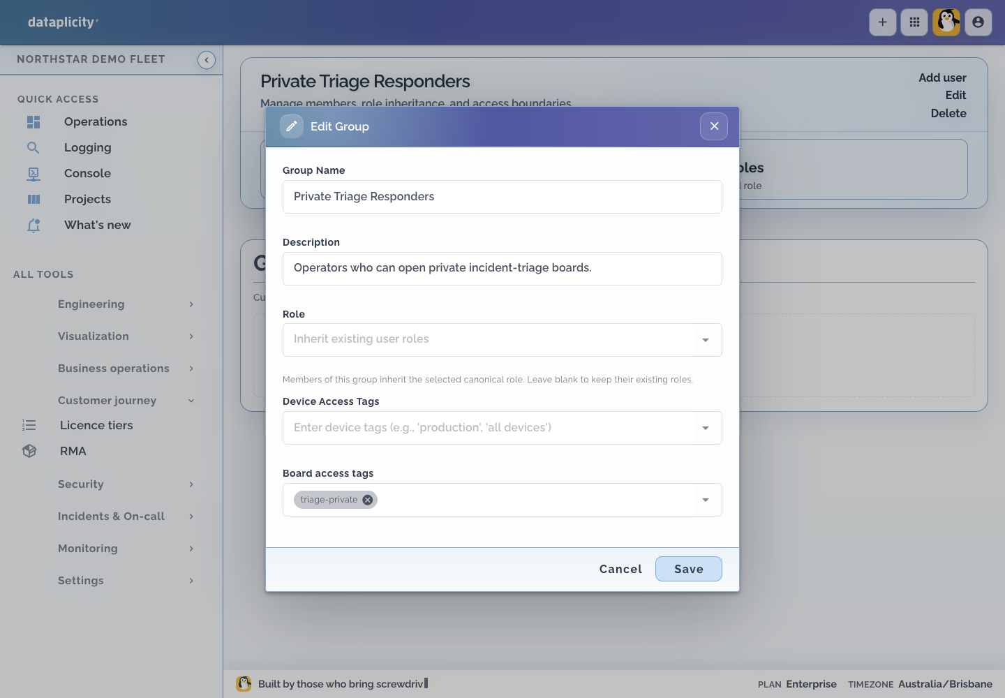 Edit Group dialog with triage-private in Board access tags