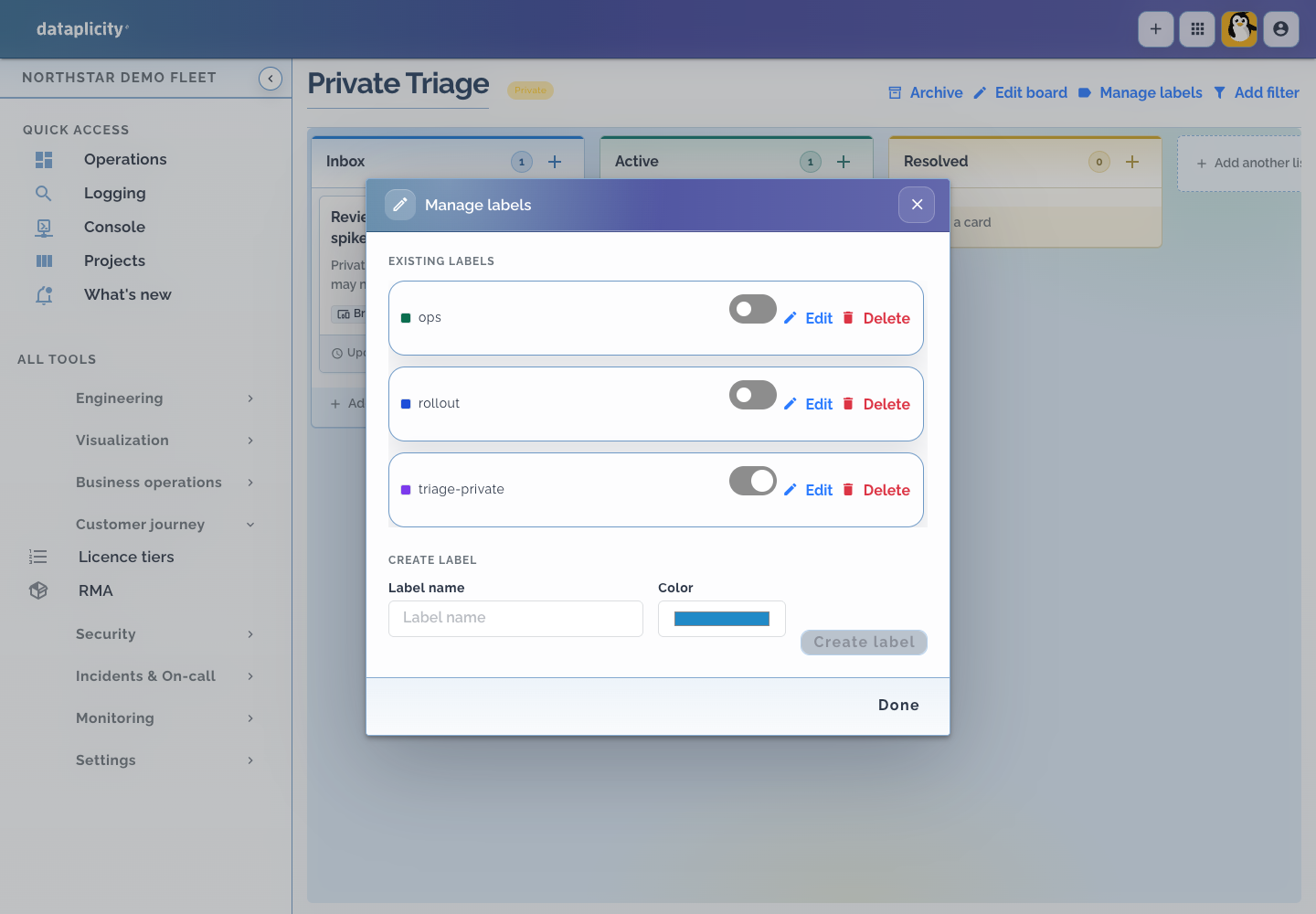 Manage labels dialog with the triage-private label enabled for a private board