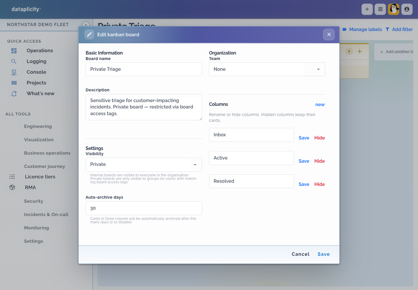 Edit board dialog with Visibility set to Private