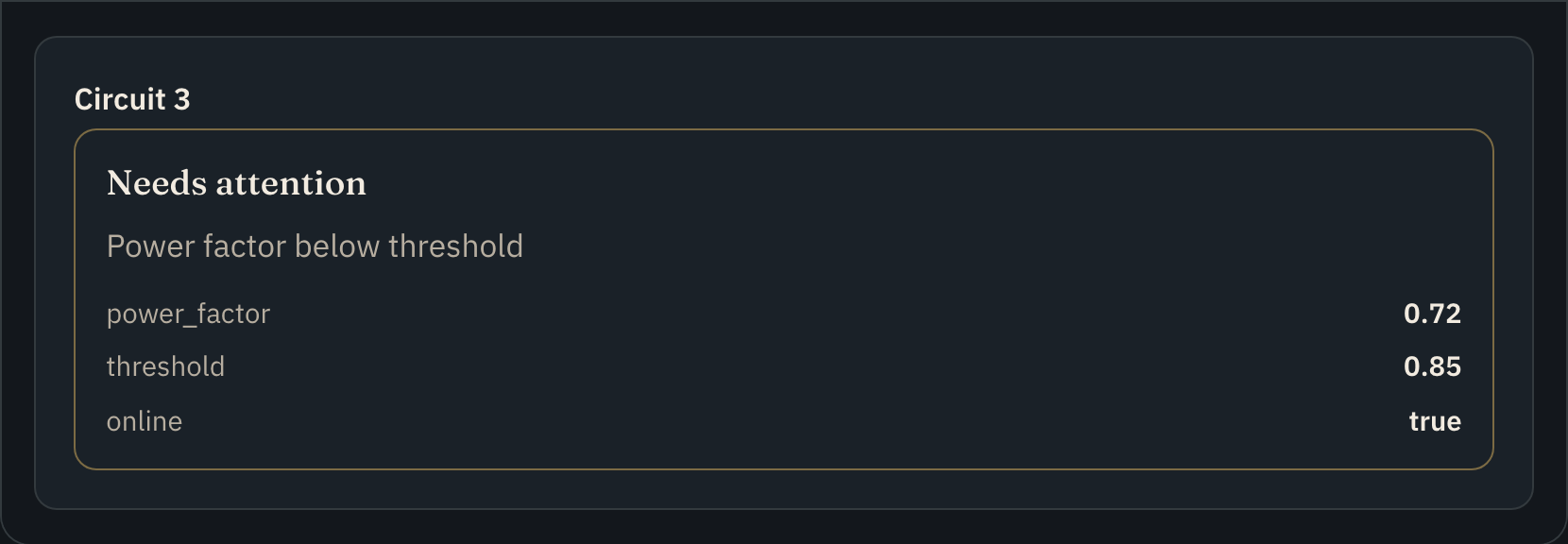 Asset status facet showing health tone and reason for a monitored record