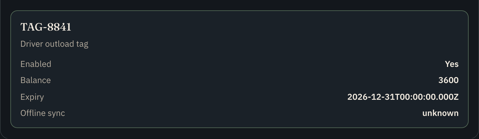 Credential entitlement facet showing identifier, balance, and expiry