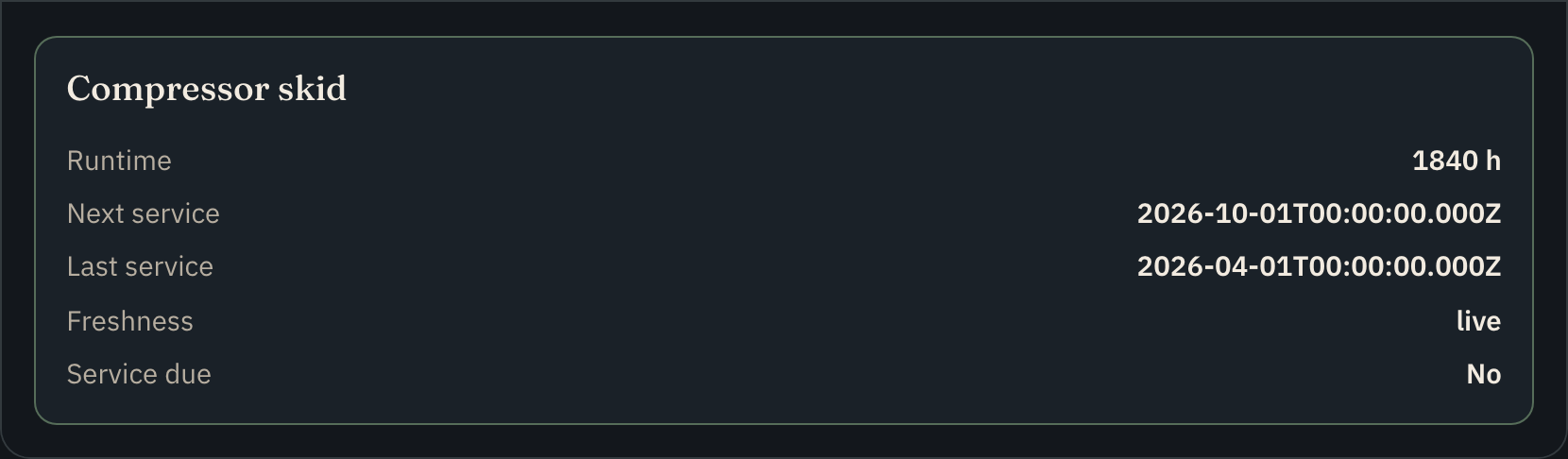 Maintenance asset facet showing runtime and next service due
