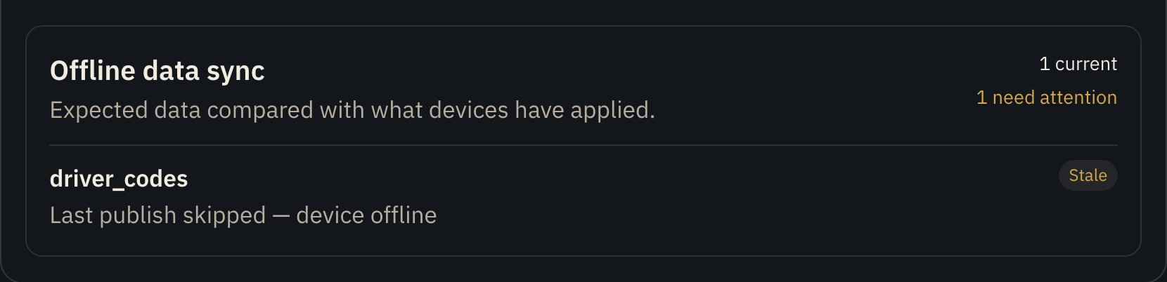 Offline sync status panel showing dataset sync health