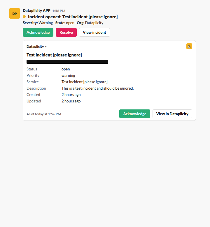 Dataplicity Slack incident notification with Acknowledge, Resolve, and View incident actions. The incident ID line is redacted.