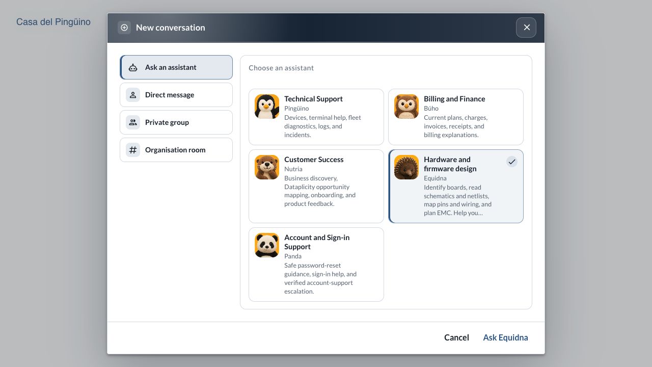 The customer app's New conversation dialog with support specialists, including Equidna