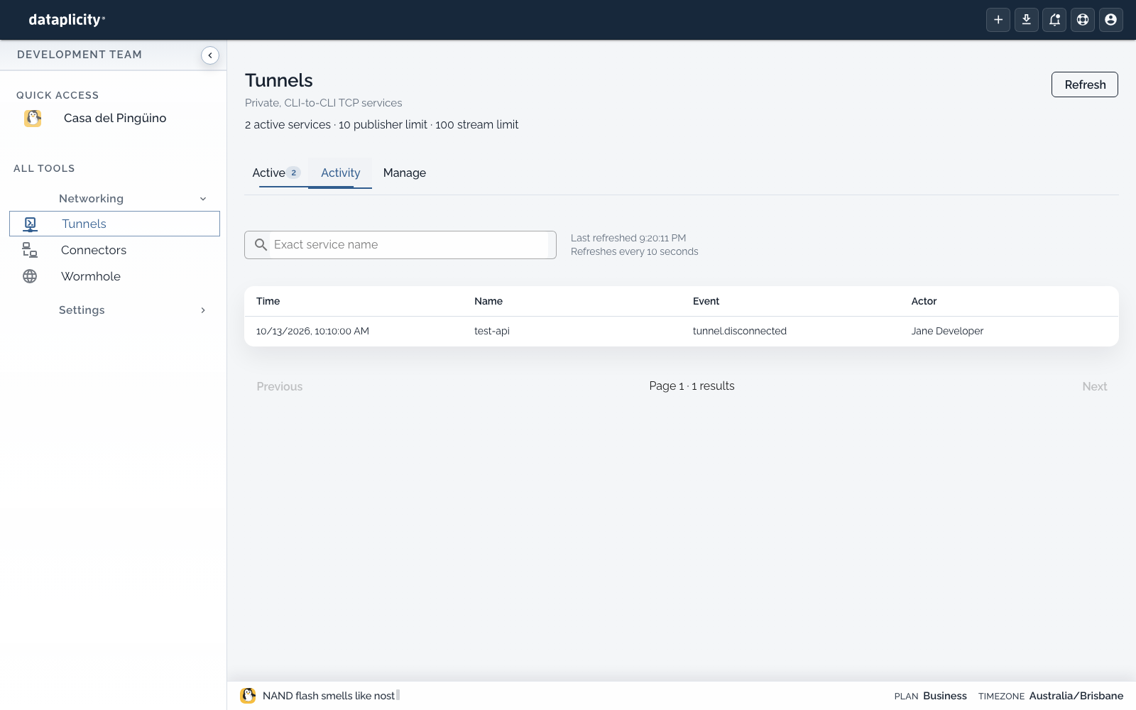 Tunnels Activity tab listing a tunnel.disconnected event for test-api