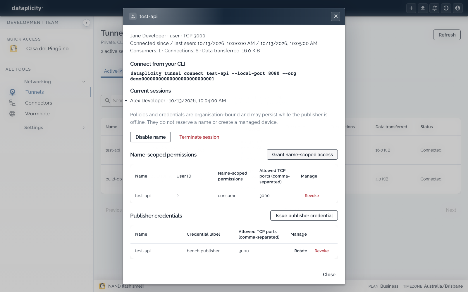 Service detail for test-api with the CLI connect command, one consumer session, a consume grant and a publisher credential