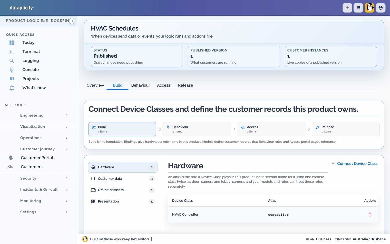 HVAC Schedules Product Application Hardware section with its controller binding