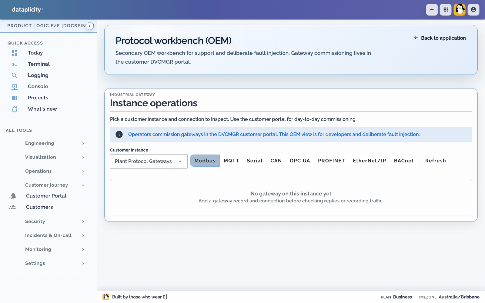 OEM Product Application Protocol workbench section explaining that commissioning lives in the customer portal